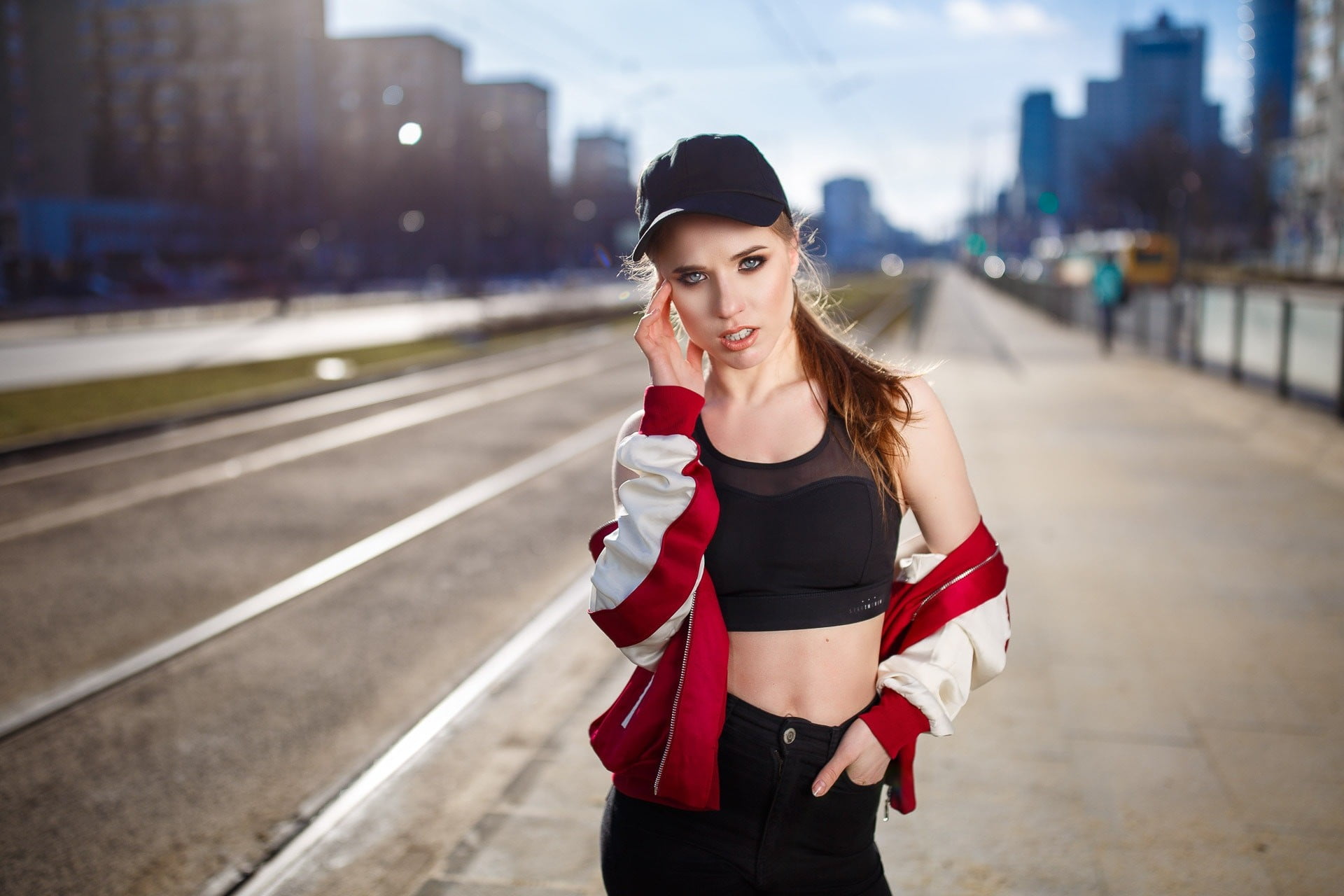 beauty, hairstyle, hands in pockets, blue eyes, real people, fashion, open clothes, women, clothing, looking at camera, day, front view, lifestyles, outdoors, HD Wallpaper