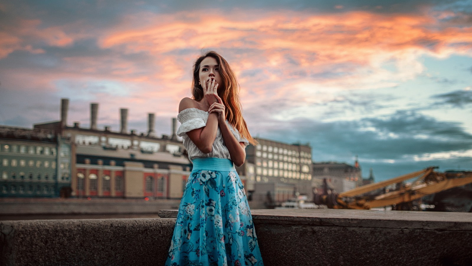 outdoors, bare shoulders, model, hairstyle, wavy hair, clothing, cloud - sky, one person, beauty, fashion, beautiful woman, standing, architecture, young women, HD Wallpaper