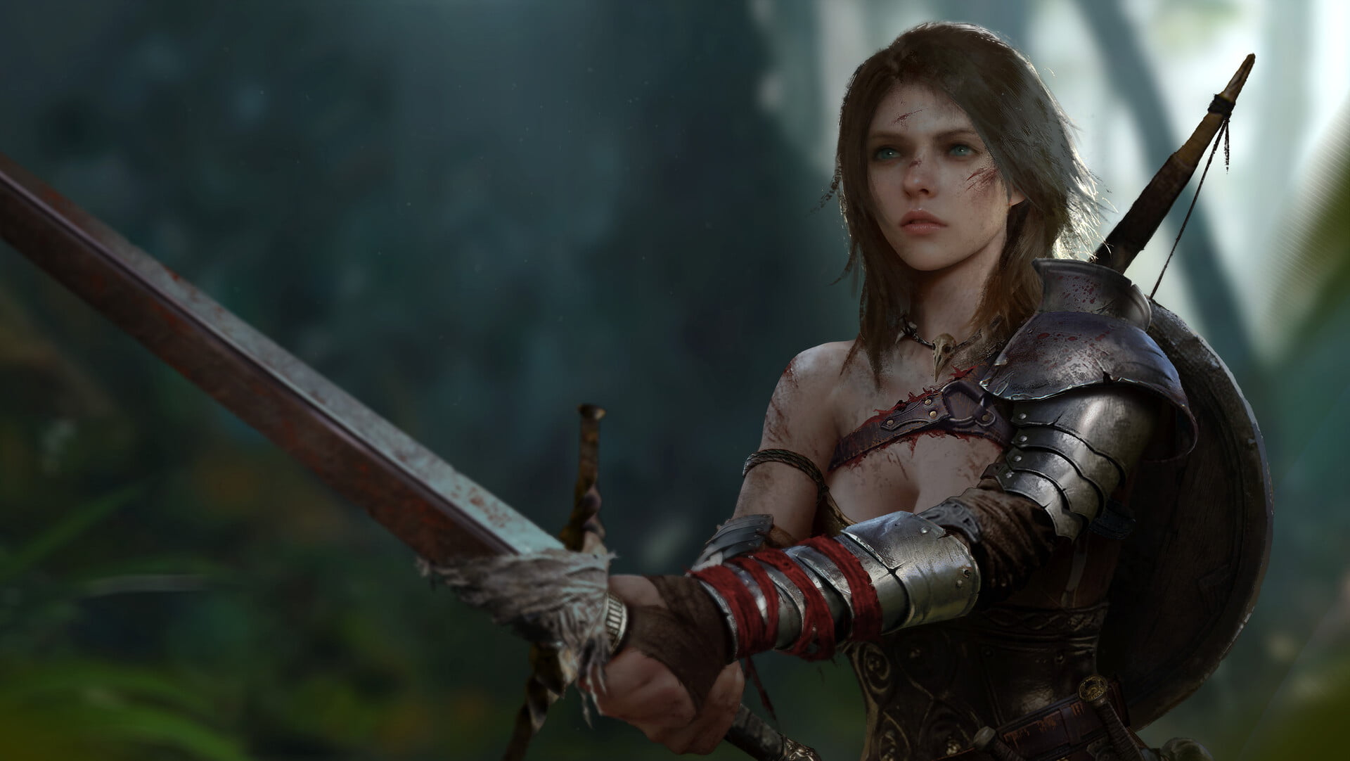 forest, fantasy art, Jun Rao, women, digital art, 1080P, sword, artwork, armor, bow, shoulder length hair, HD Wallpaper