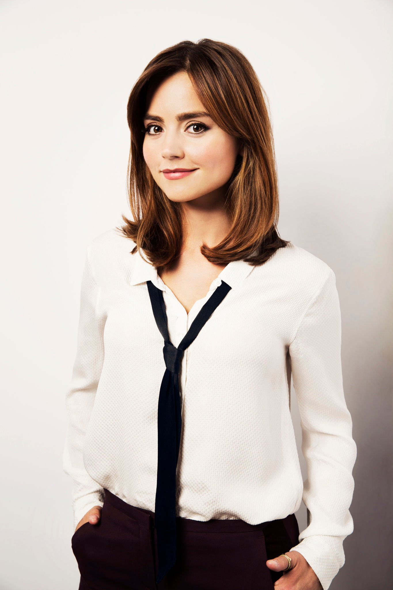 brunette, simple background, 1080P, women, shoulder length hair, actress, Jenna Coleman (Actress), tie, Phone HD Wallpaper
