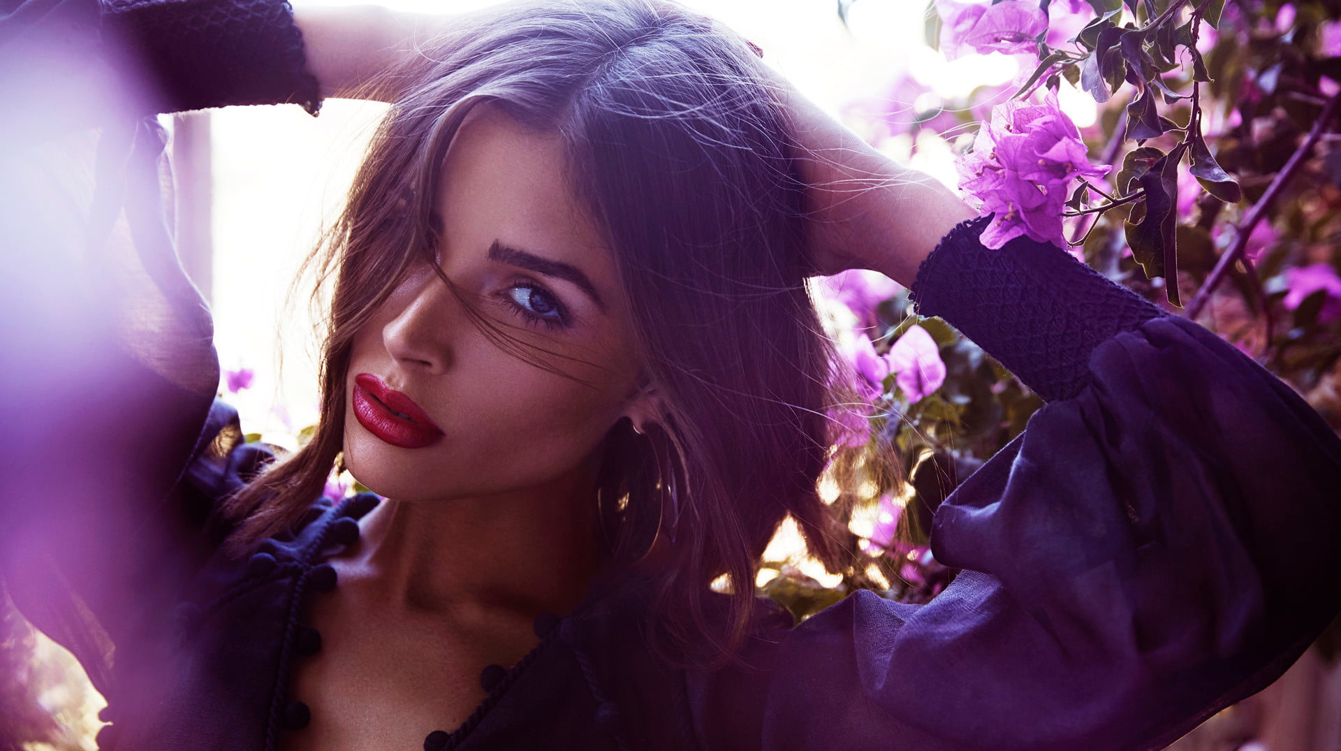 shoulder length hair, dark hair, plants, Olivia Culpo, closeup, women, lipstick, model, face, women outdoors, flowers, brunette, 1080P, HD Wallpaper