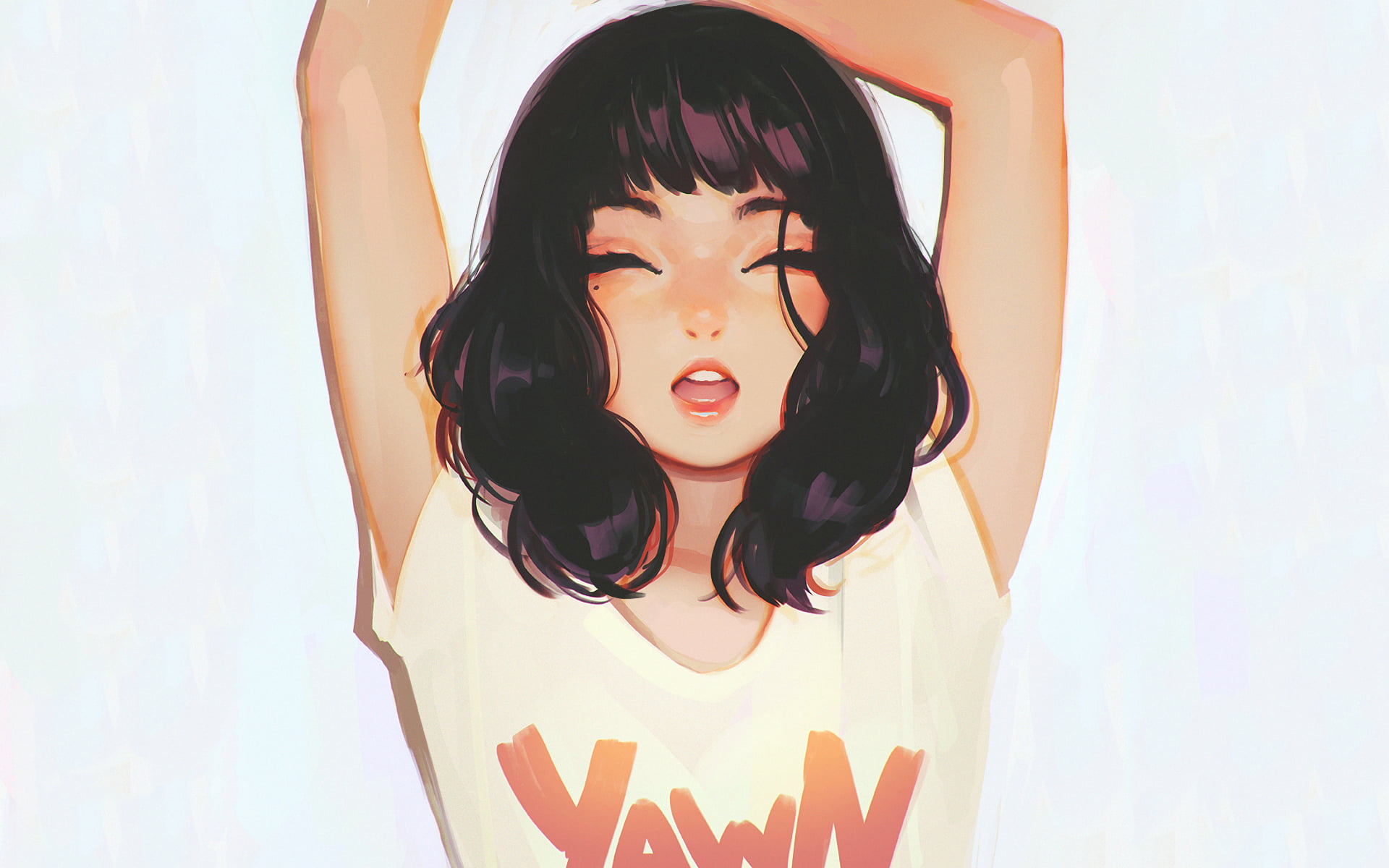 yawning, 1080P, women, simple background, digital art, shoulder length hair, black hair, open mouth, closed eyes, arms up, T-shirt, Ilya Kuvshinov, HD Wallpaper