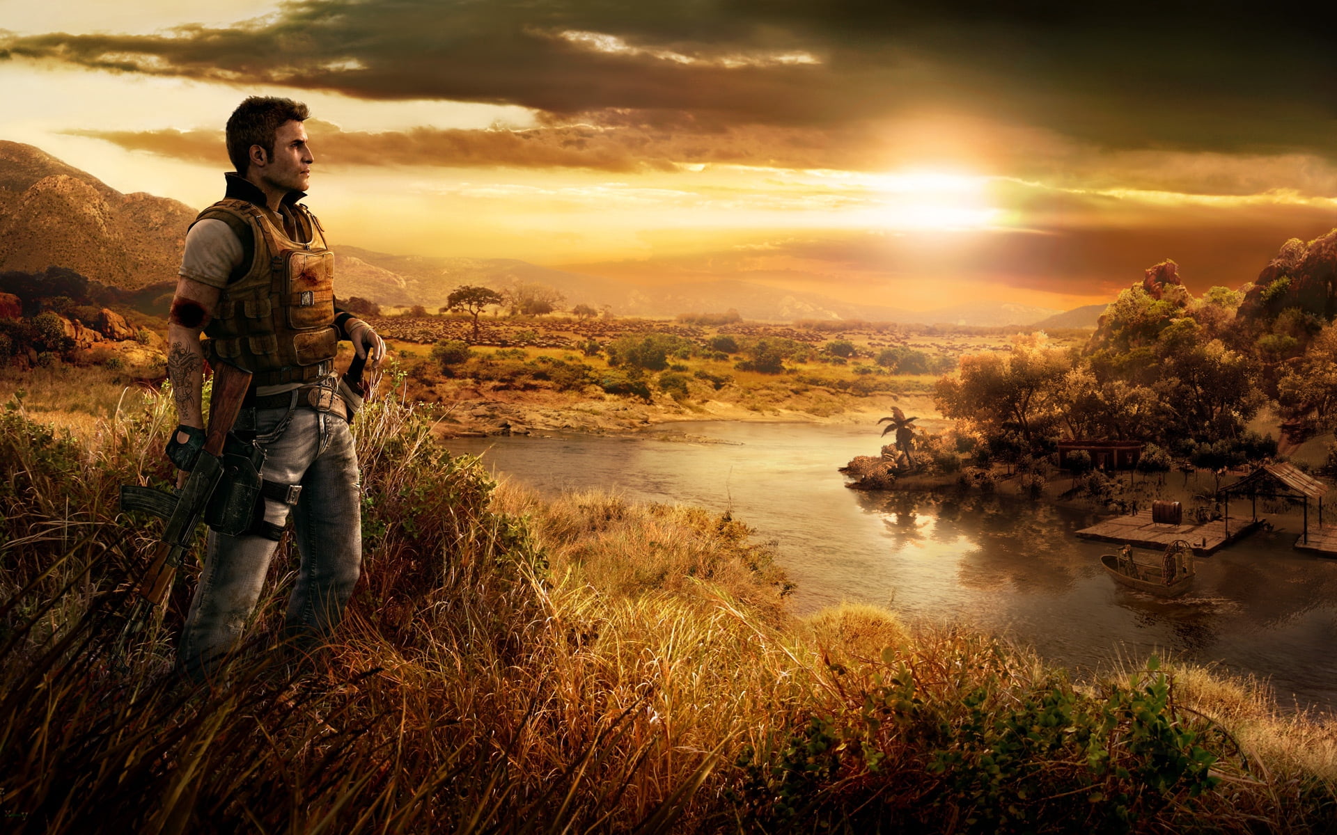 jack carver, game, recreational Pursuit, backpack, outdoors, plain, one Person, dusk, leisure Activity, sunset, water, full length, two People, idyllic, HD Wallpaper
