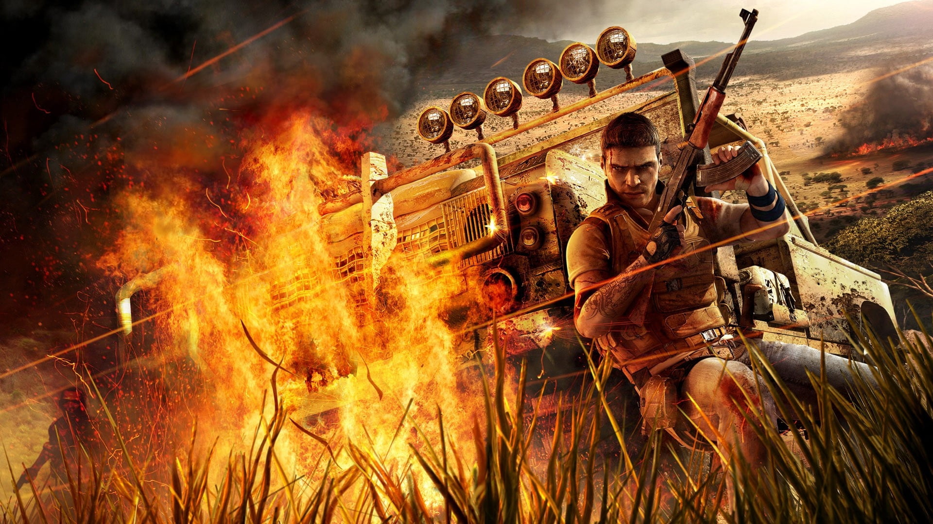 burning, adult, men, protective workwear, grass, accidents and disasters, flame, fire, game, fire - Natural Phenomenon, inferno, full length, caucasian Ethnicity, HD Wallpaper