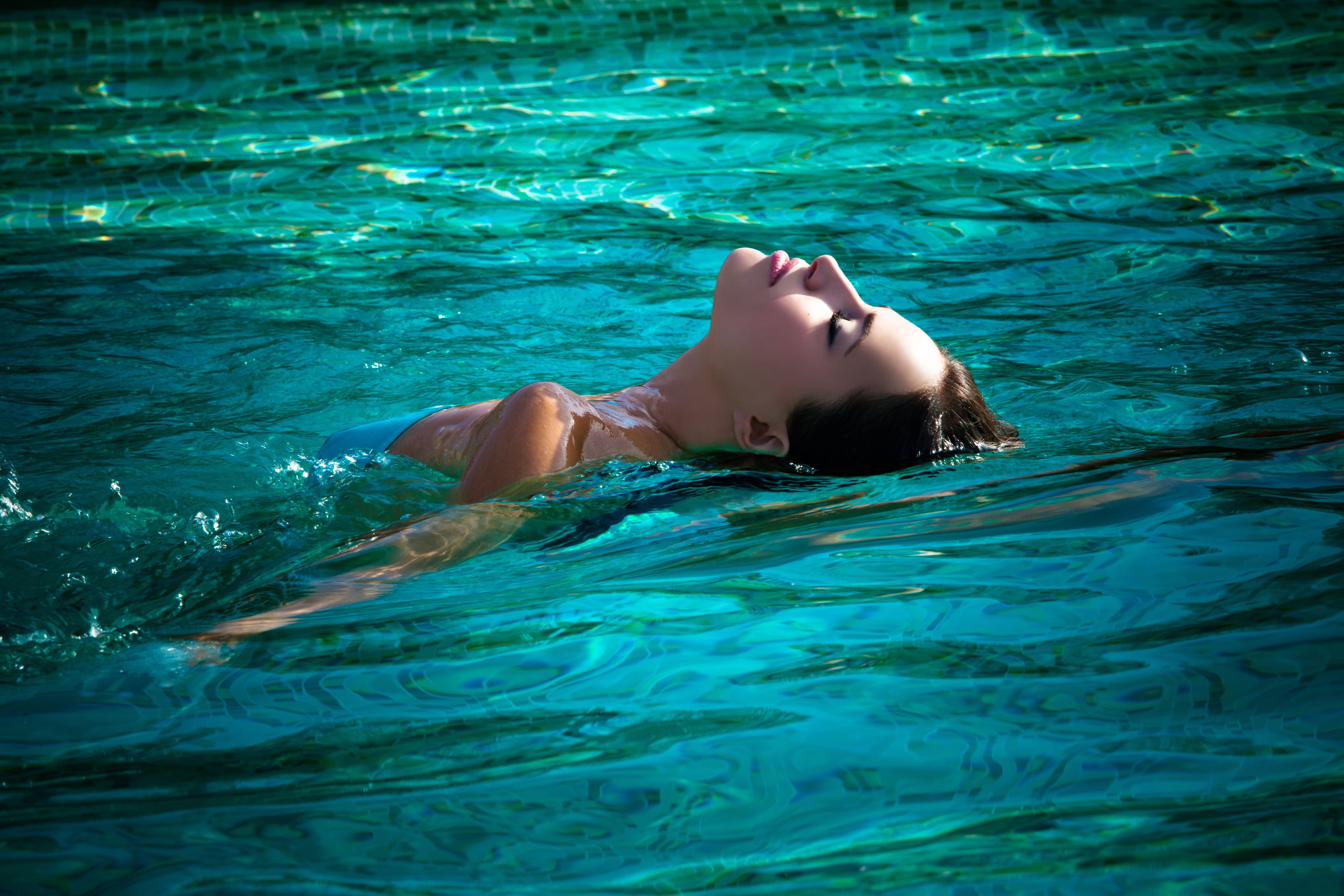 closed, wet, women, eyes, closed eyes, water, 4K, model, swimming, HD Wallpaper