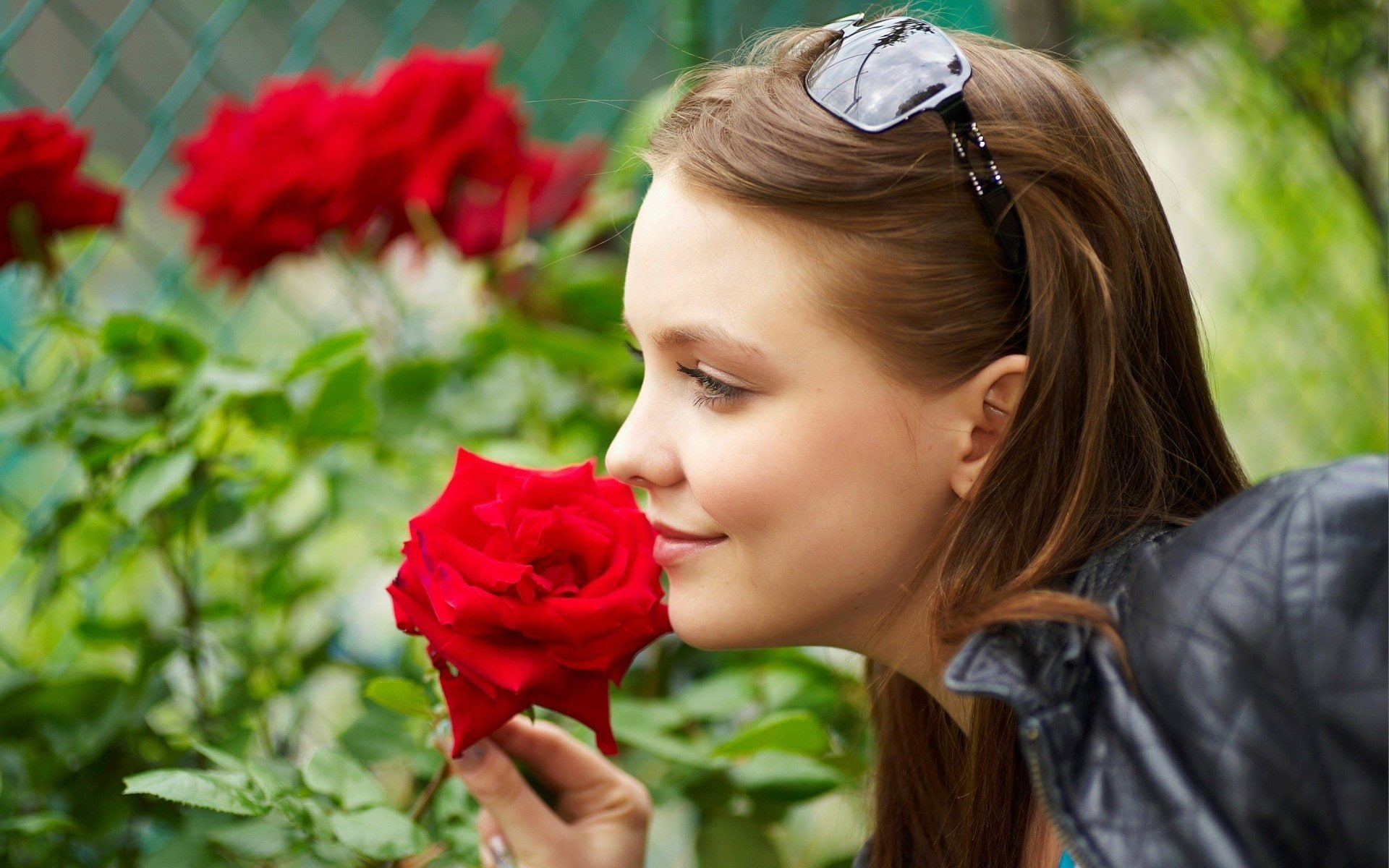 leather, amelie, sunglasses, women, femjoy, smiling, 1080P, jacket, roses, magazine, HD Wallpaper