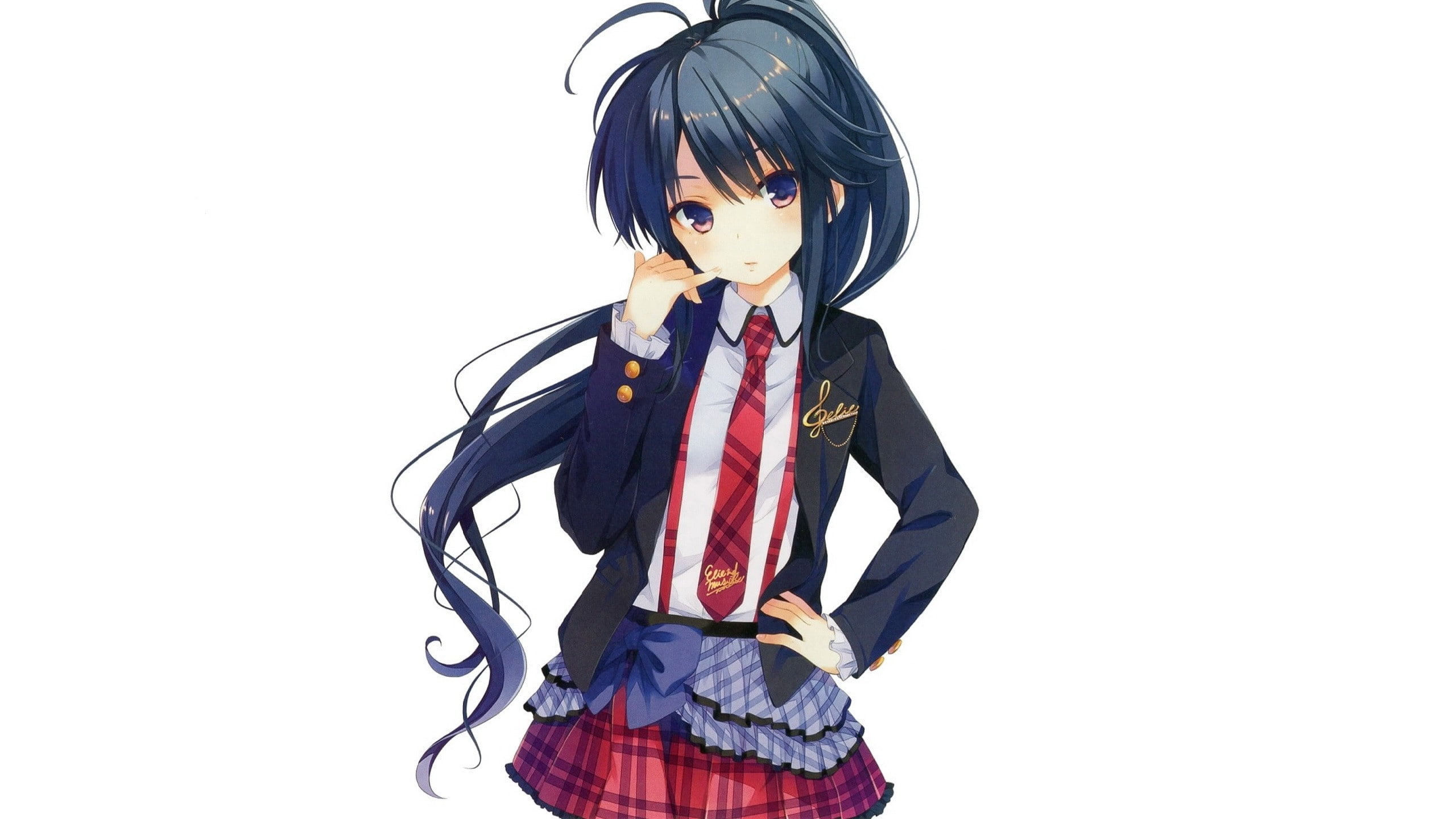 simple background, white background, 2K, black hair, ponytail, minimalism, anime girls, AJ Sanders, schoolgirl, tie, school uniform, HD Wallpaper