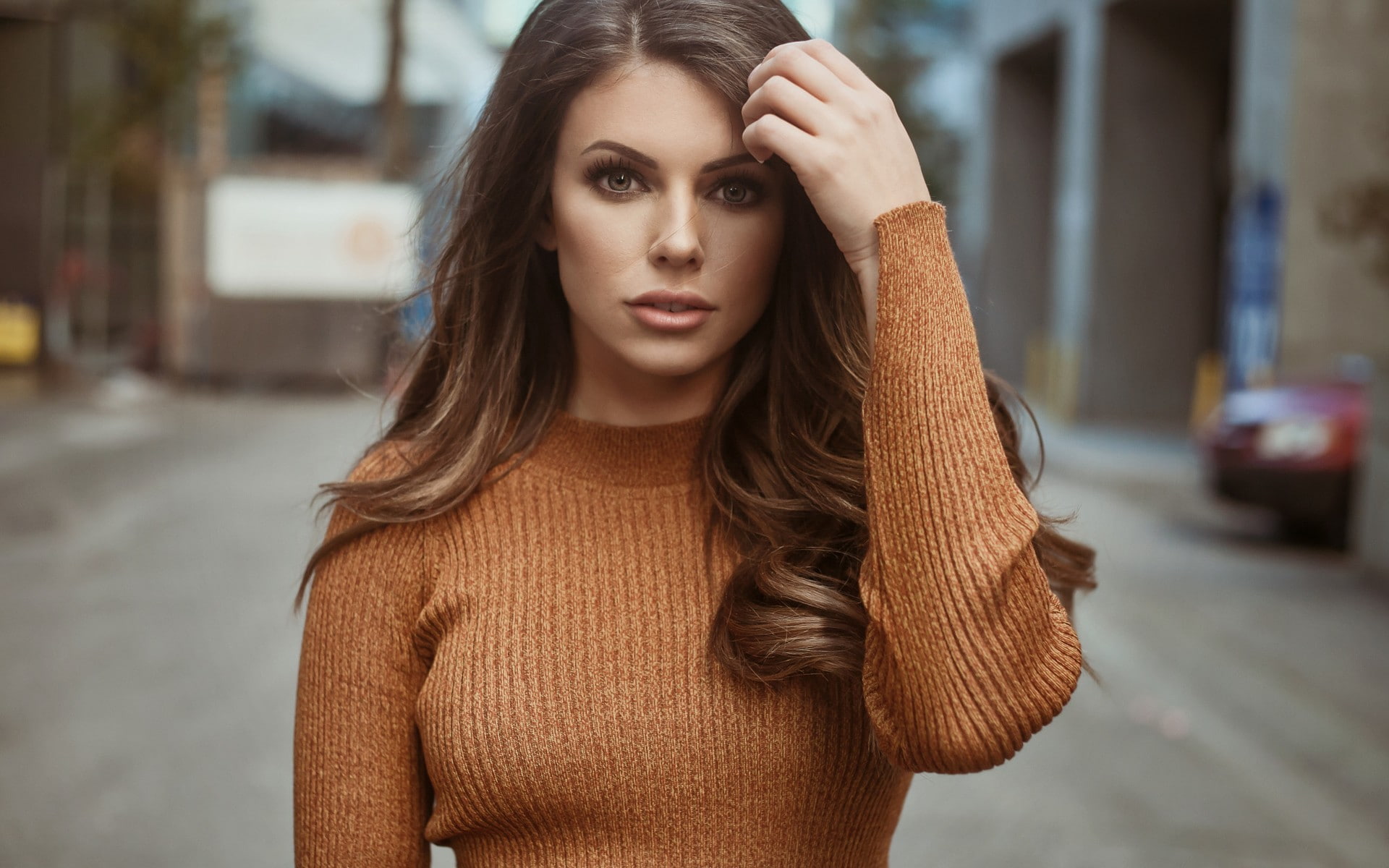 model, depth of field, urban, long hair, brunette, women, open mouth, hands in hair, women outdoors, sweater, looking at viewer, 1080P, Corin Clark, brown eyes, HD Wallpaper