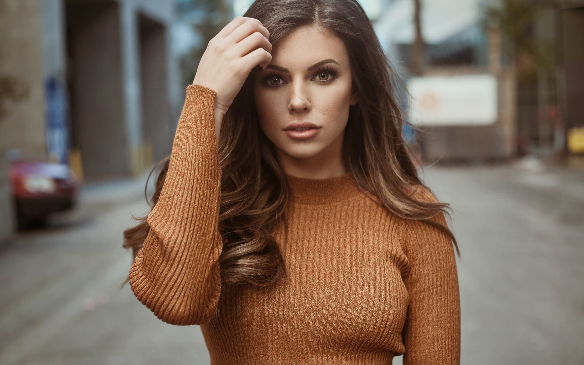Women Outdoors, Hands In Hair, brunette, face, Depth Of Field, women, Urban, 1080P, Corin Clark, Jason Harynuk, Long Hair, Looking At Viewer, model, Open Mouth, HD Wallpaper