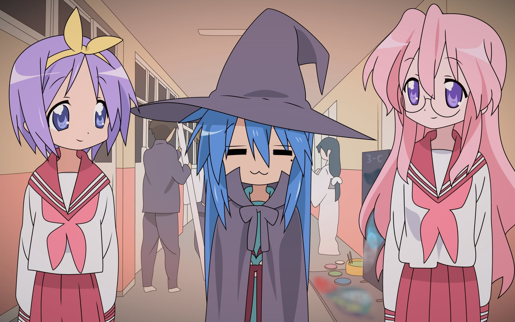 close-up, computer Graphic, anime, 720P, witch, females, hat, women, izumi konata, representation, elegance, three, fun, child, hiiragi tsukasa, cute, HD Wallpaper