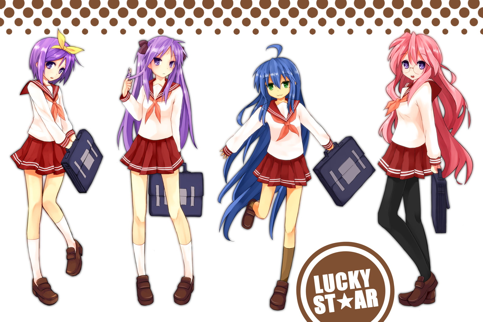 tsukasa, red, konata, takara, kagami, star, 720P, purple, blue, seifuku, bearbellld, izumi, lucky, hair, hiiragi, miyuki, HD Wallpaper