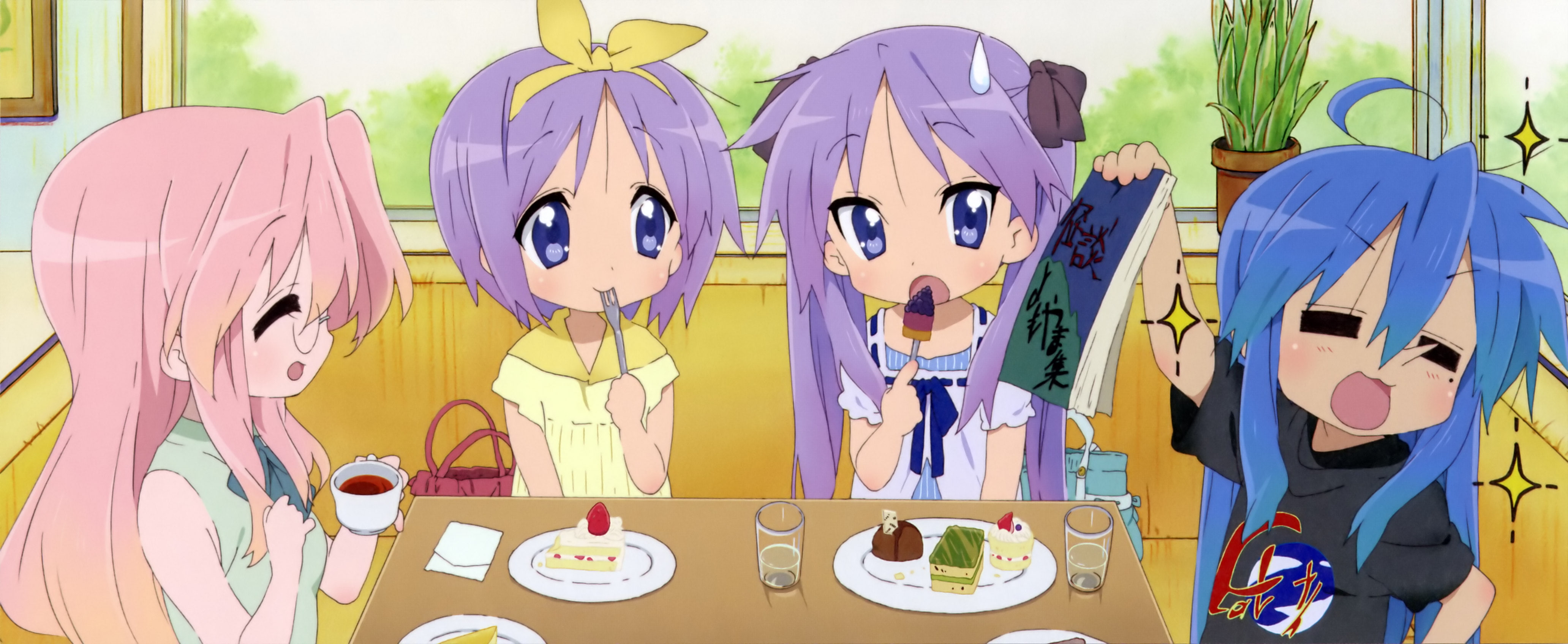 group, lucky, pink, miyuki, 4K, izumi, hair, blue, hiiragi, kagami, food, tsukasa, scan, takara, konata, star, HD Wallpaper
