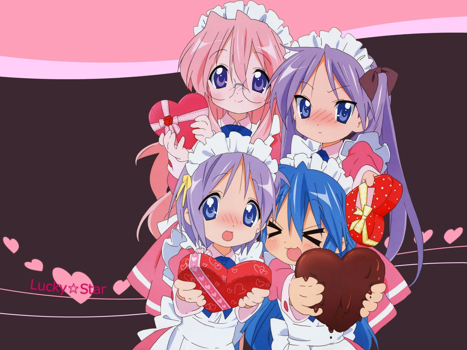 valentines, eyes, izumi, konata, blush, stars, pink, 720P, seifuku, vector, lucky, takara, hair, green, blue, glasses, purple, star, miyuki, long, HD Wallpaper