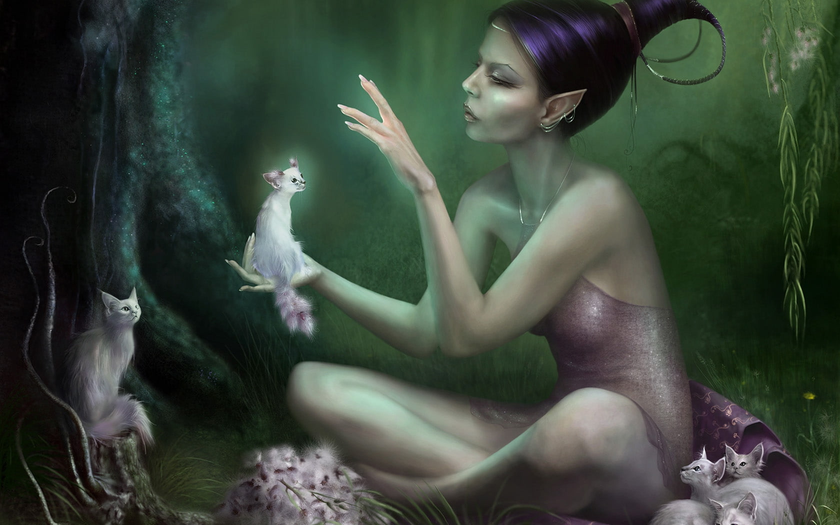 x, hd, 720P, Dress, nature, elf, art, nonnudes, forest, cats, outdoors, drawings, plants, Flowers, HD Wallpaper