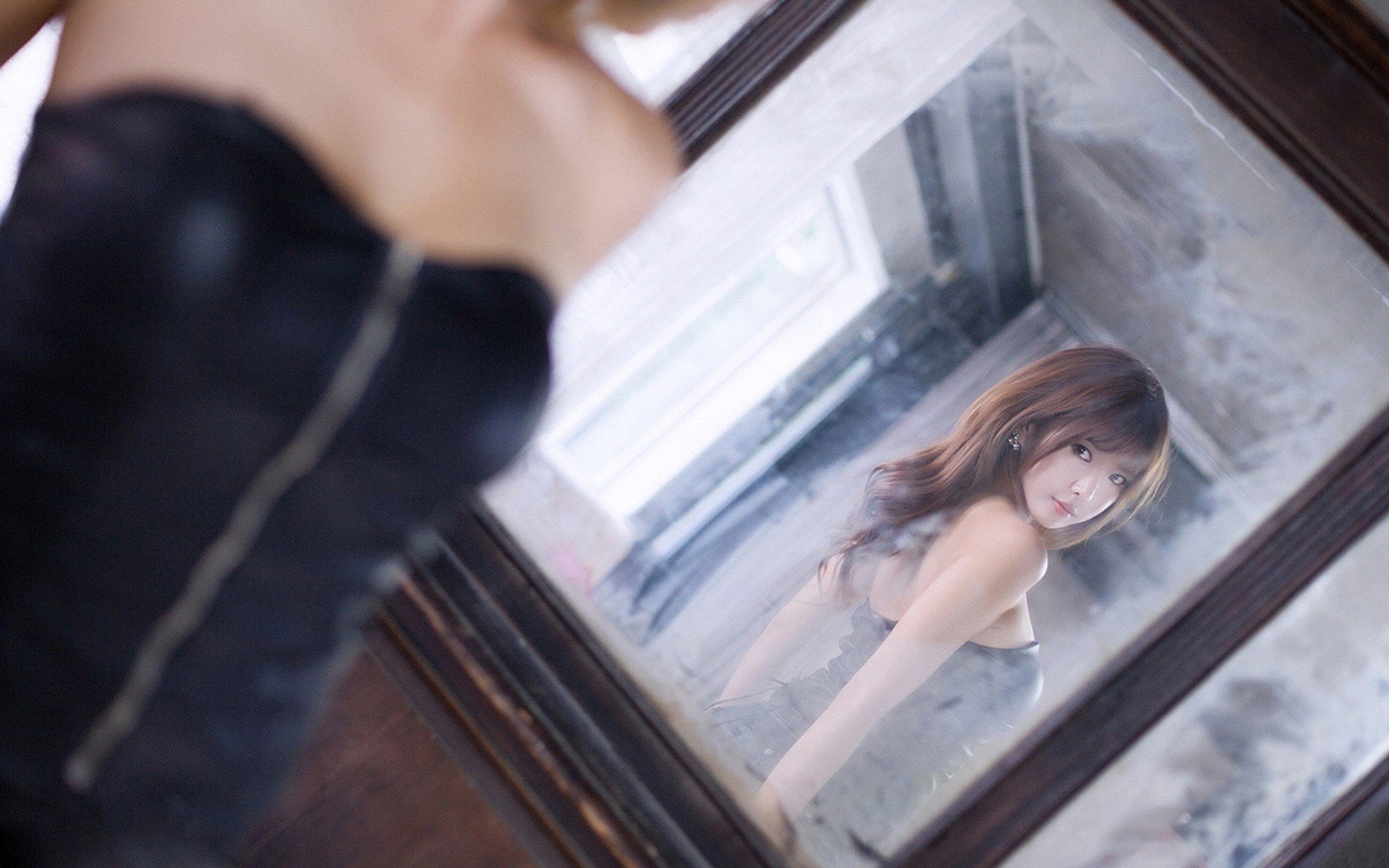 bangs, models, korean, 1080P, asians, heo, yun, mirrors, women, HD Wallpaper