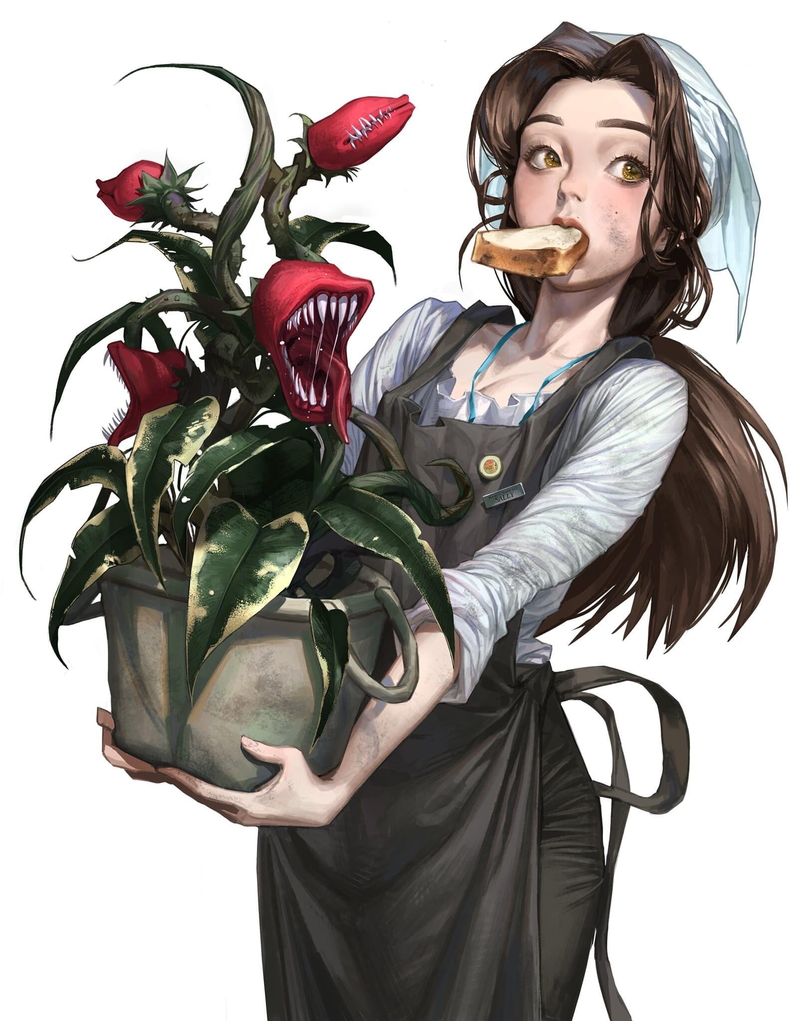 1080P, anime girls, sungmoo heo (Artist), brunette, yellow eyes, women, looking away, white background, anime, long hair, plants, simple background, Phone HD Wallpaper
