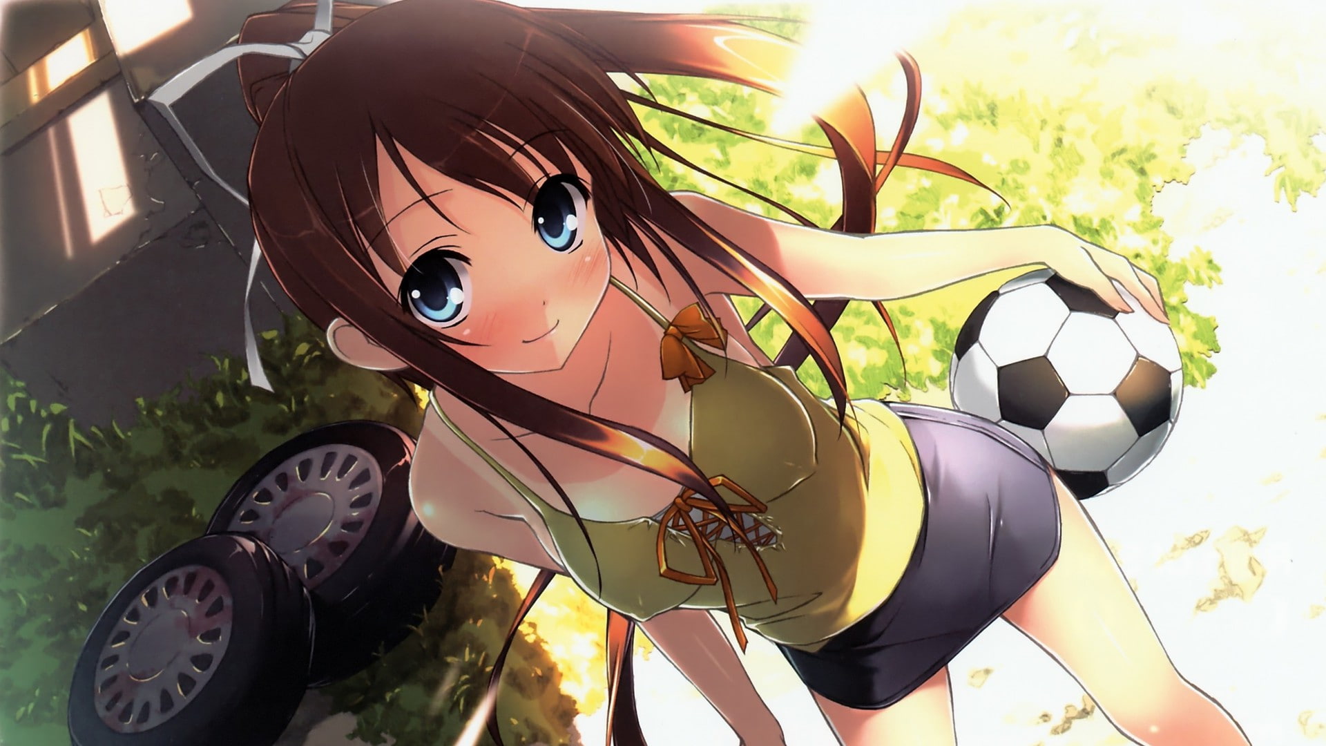 blush, hair, braless, sp, football, hd, anime, Blue Eyes, art, bows, pokies, 1080P, brunettes, eyes, miniskirts, girls, soccer, grass, blue, tires, long, HD Wallpaper