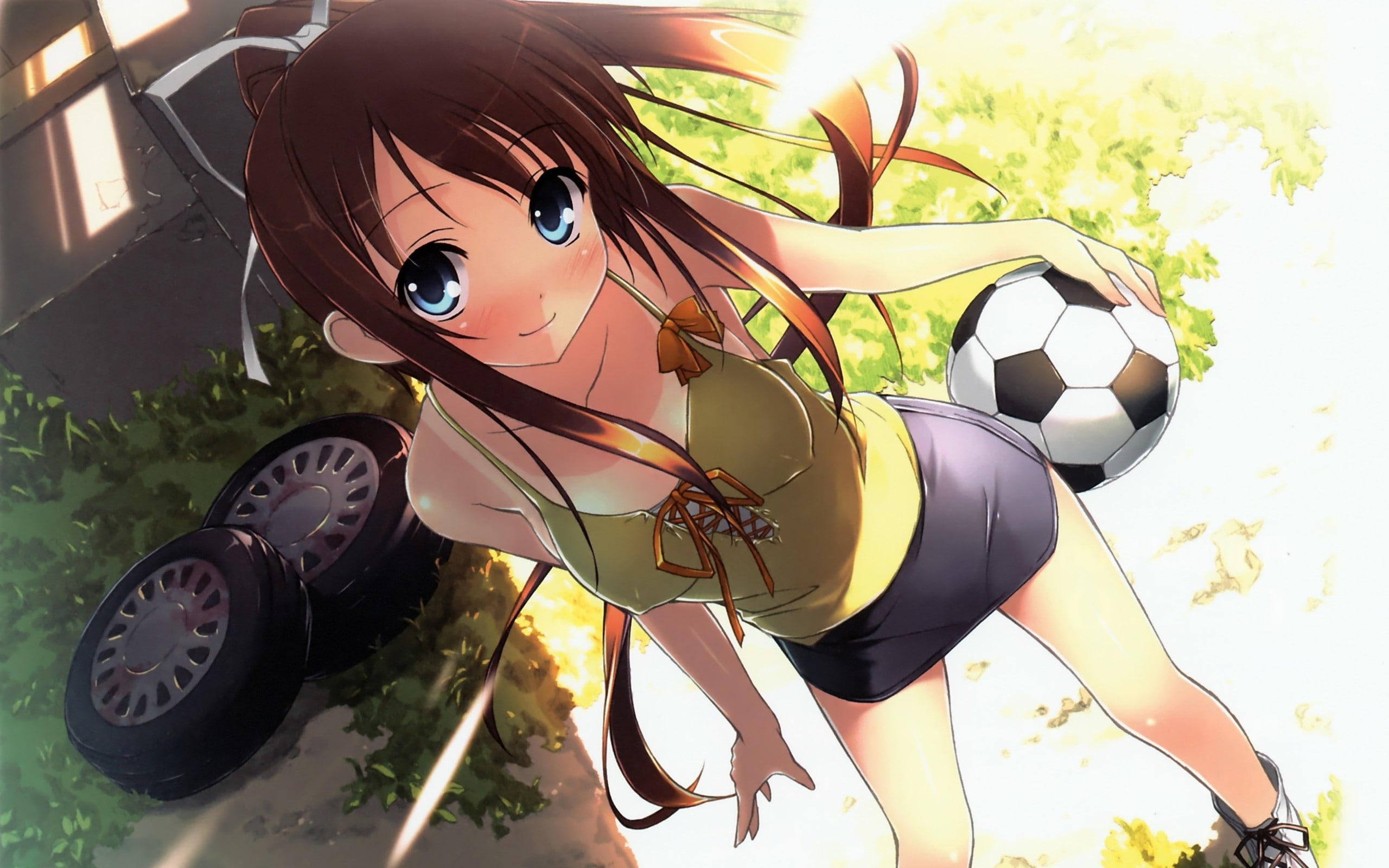 sports, football, miniskirts, bows, brunettes, blue, 2K, art, braless, eyes, long, pigtails, girlfriend, balls, women, blush, hair, soccer, hd, HD Wallpaper
