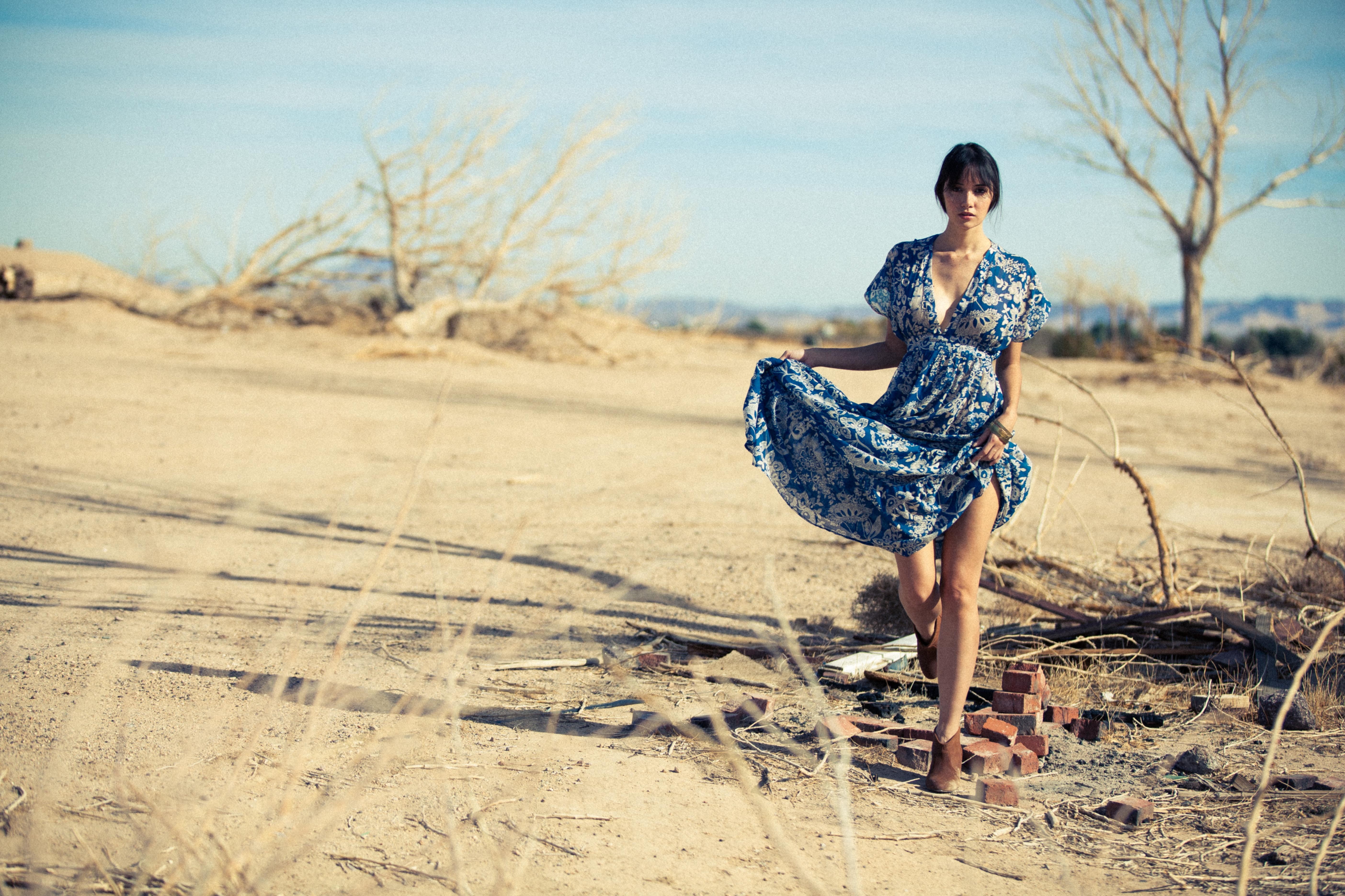 portrait, lifestyles, land, dress, young adult, Sara Malakul Lane, women outdoors, blue dress, clothing, beautiful woman, adult, landscape, hairstyle, women, HD Wallpaper