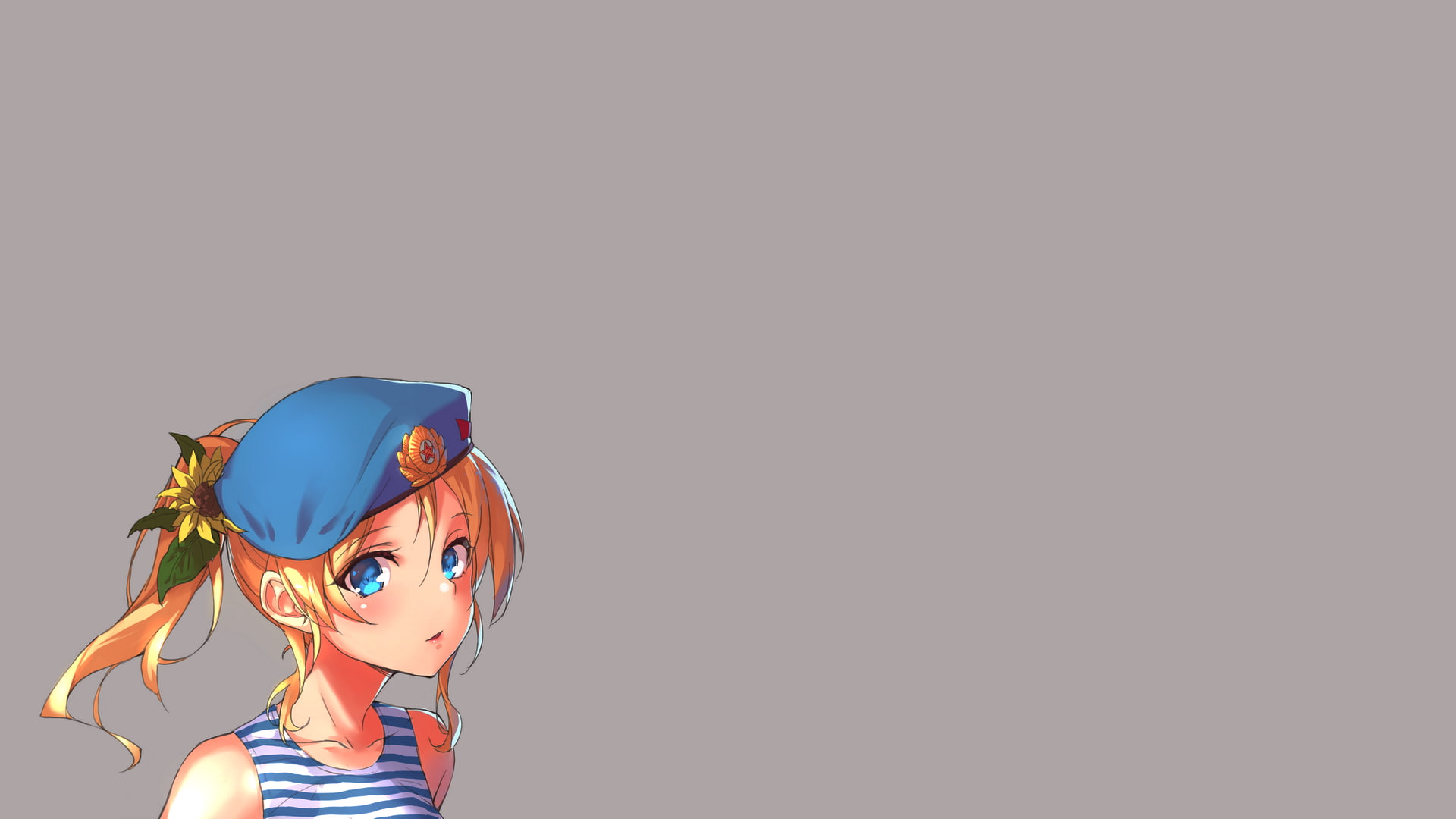 1080P, berets, gray background, Love Live!, military, anime girls, simple background, ponytail, tank top, Ayase Eri, blue eyes, anime, Russia, hair ornament, HD Wallpaper