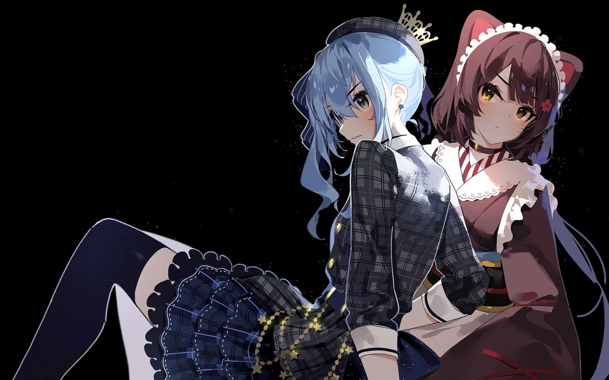 kimono, cat ears, dress, stars, yellow eyes, blue eyes, ribbons, 1080P, berets, Inui Toko, choker, front angle view, Hoshimachi Suisei, Hololive, Virtual Youtuber, HD Wallpaper