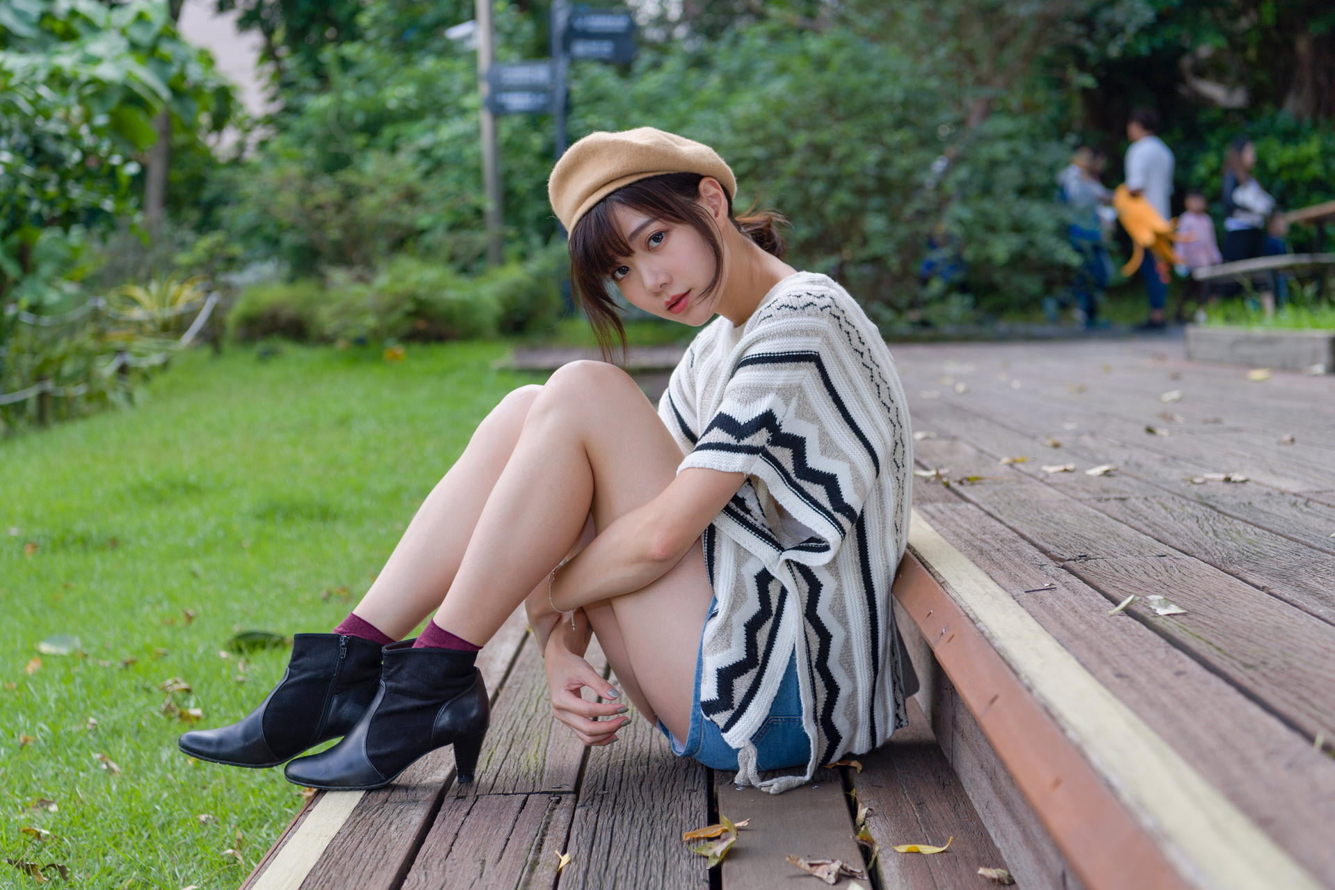 women, 1080P, shoes, long hair, socks, model, grass, Asian, ponytail, depth of field, brunette, Bushes, terraces, trees, shirt, sitting, berets, jean shorts, HD Wallpaper