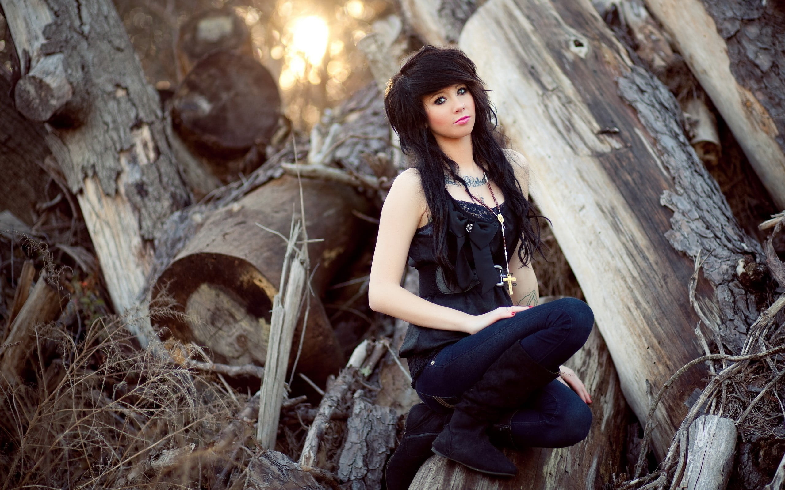 women, jeans, tree, pants, looking at viewer, hair, tank top, wood, piercing, looking at camera, adult, 2K, sitting, lifestyles, nature, outdoors, portrait, HD Wallpaper
