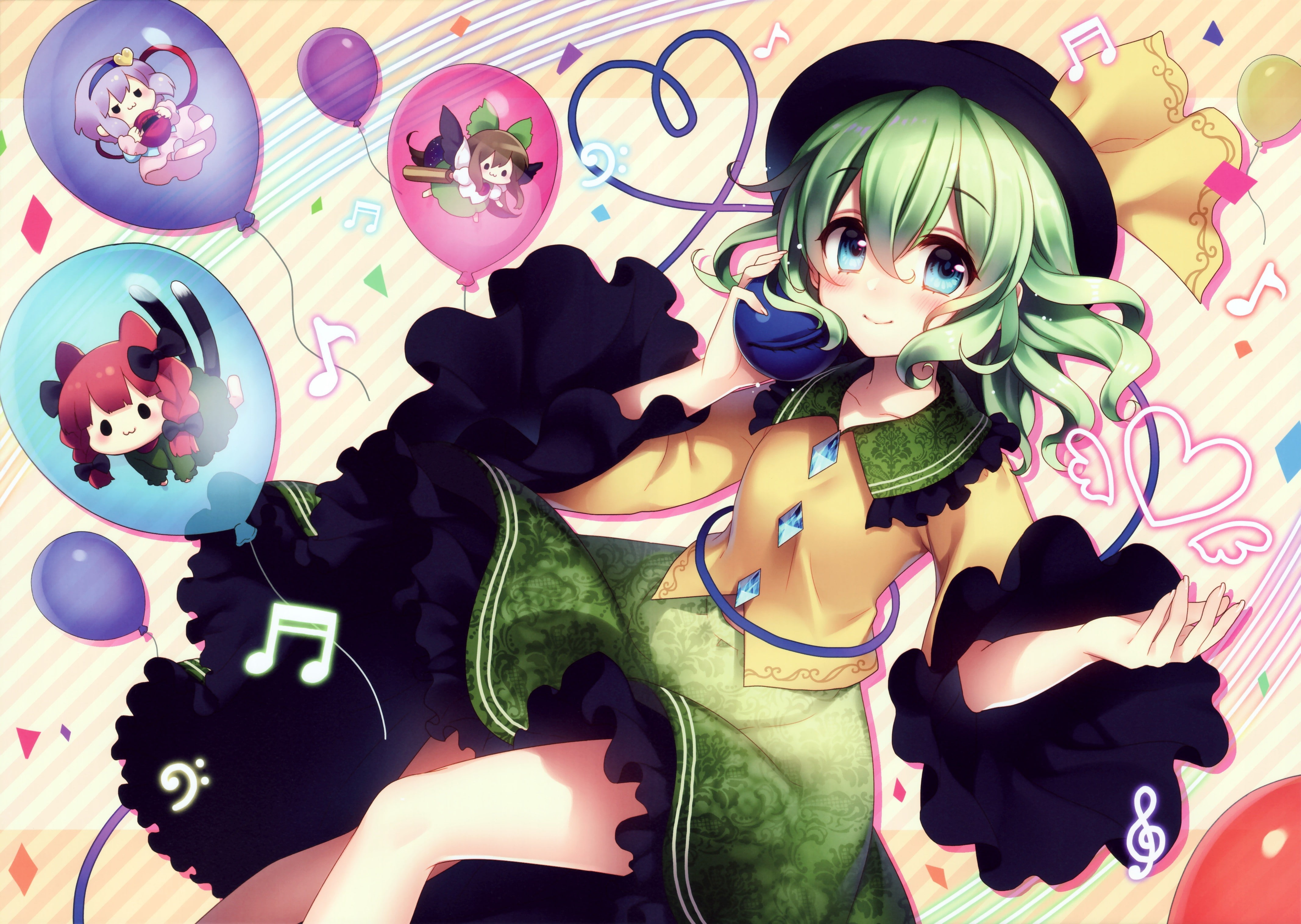 Kaenbyou Rin, anime, cat girl, green hair, short hair, Touhou, blue eyes, chibi, Komeiji Koishi, Komeiji Satori, hat, music, Reiuji Utsuho, 4K, anime girls, HD Wallpaper
