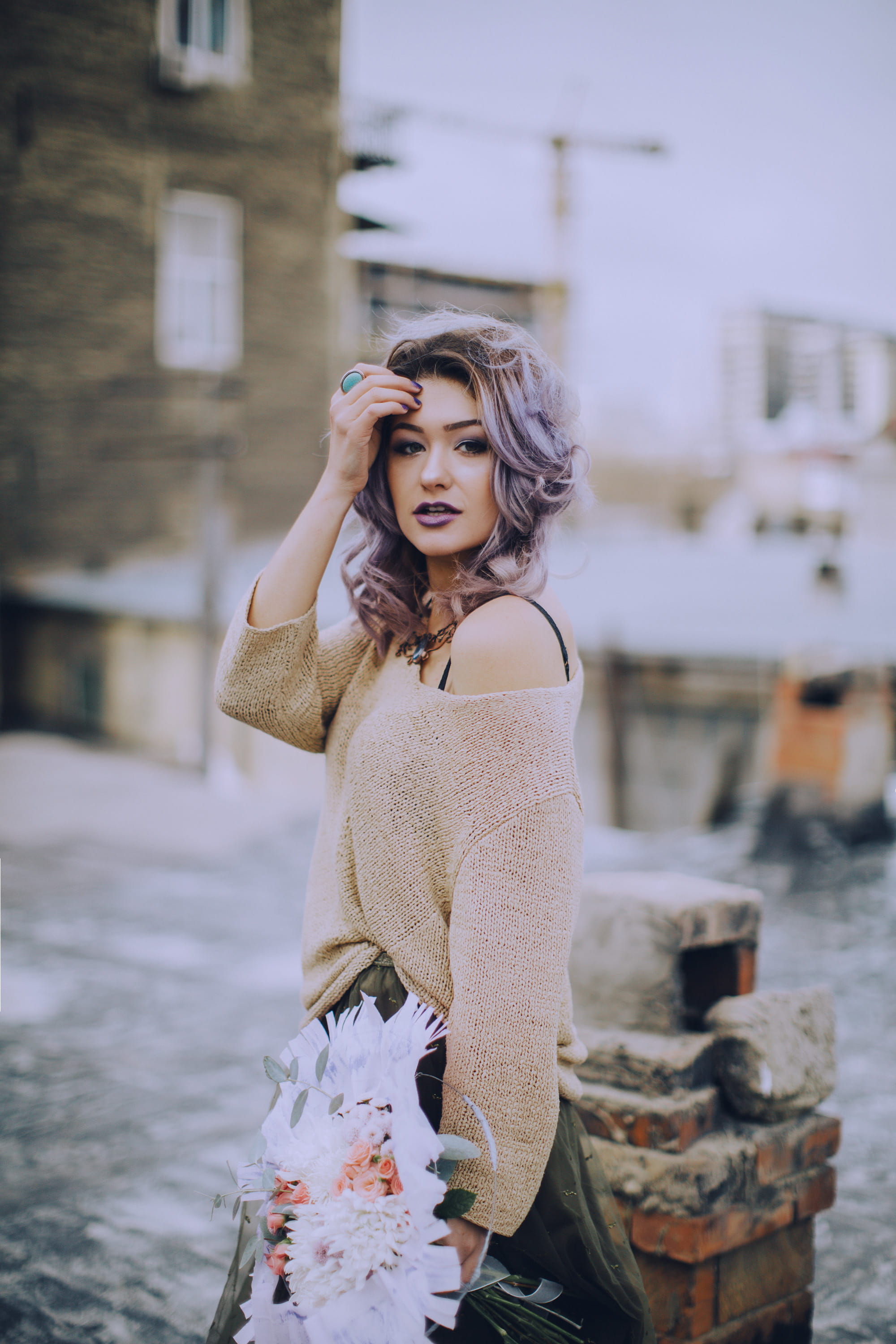 woman, hair, shirt, adult, beauty, model, lilac hair, one person, real people, fall, girl, flowers, travel, brown, built structure, facial expression, portrait, Phone HD Wallpaper