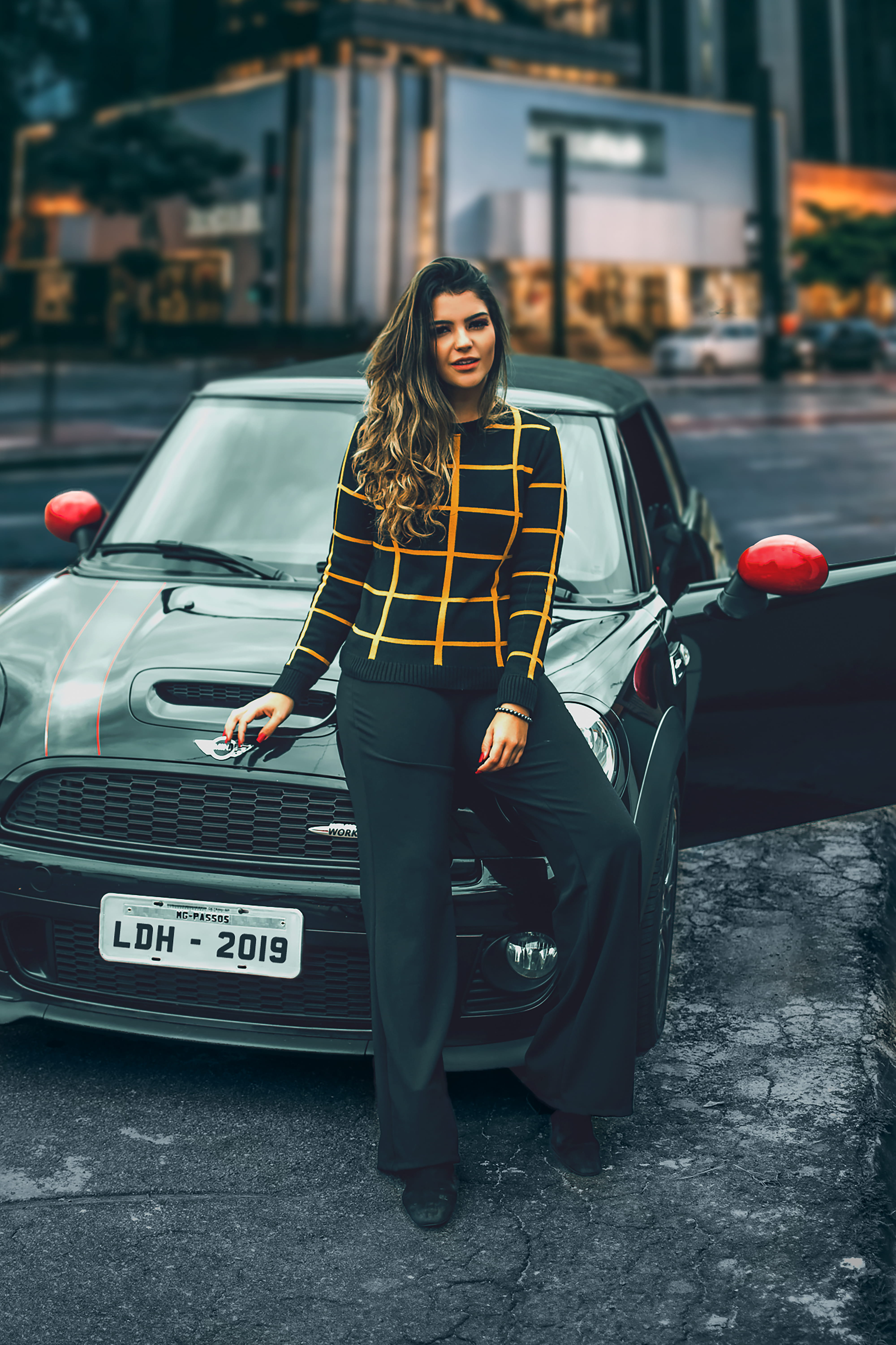 attractive, young adult, looking at camera, photo, glamour, woman, standing, vehicle, transportation system, photoshoot, Mini Cooper, lifestyles, hairstyle, Phone HD Wallpaper