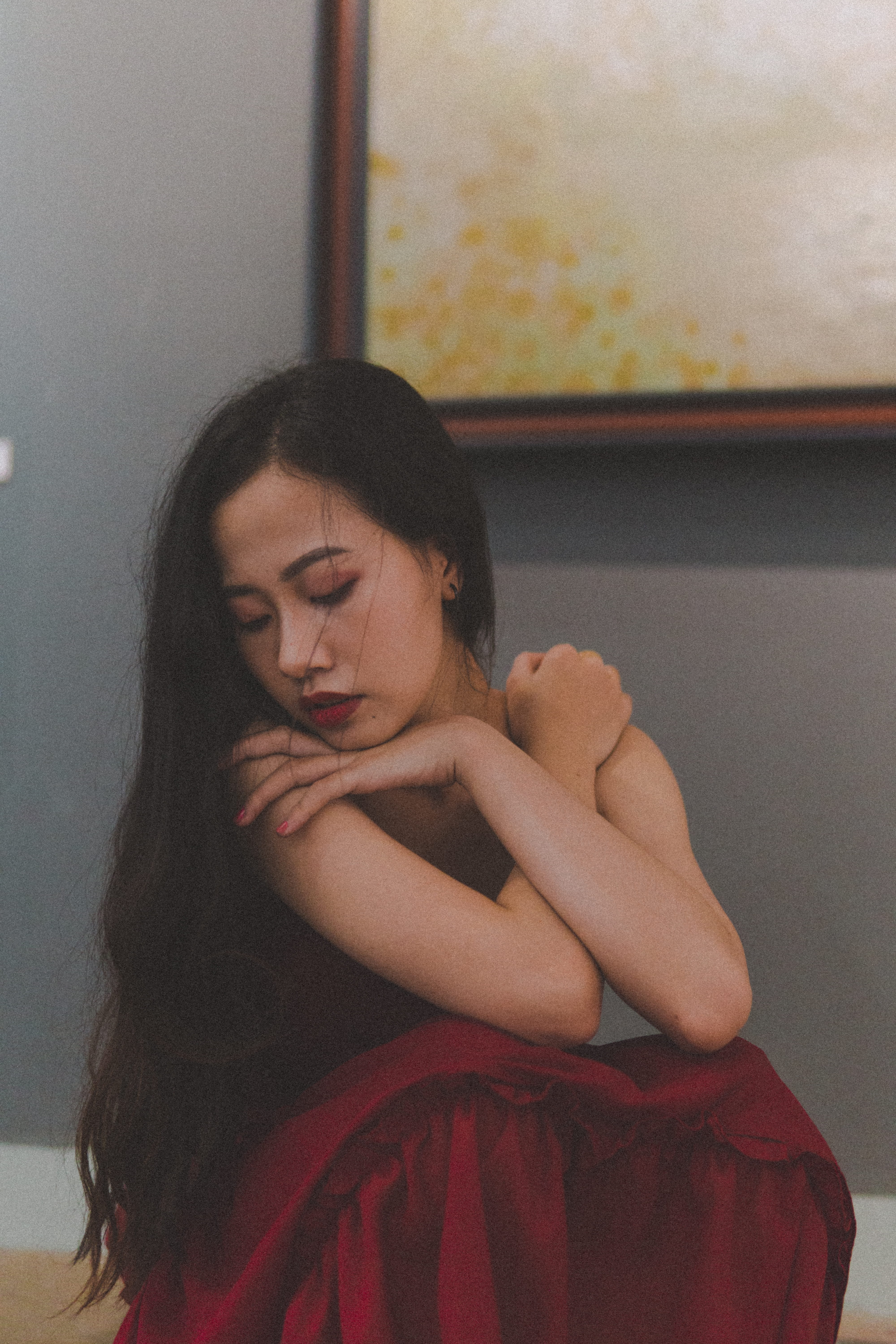 asian, bokeh, finger, long hair, young women, eyes closed, hair, lifestyles, home interior, evening dress, robe, female, sleeve, one person, person, screen, Phone HD Wallpaper