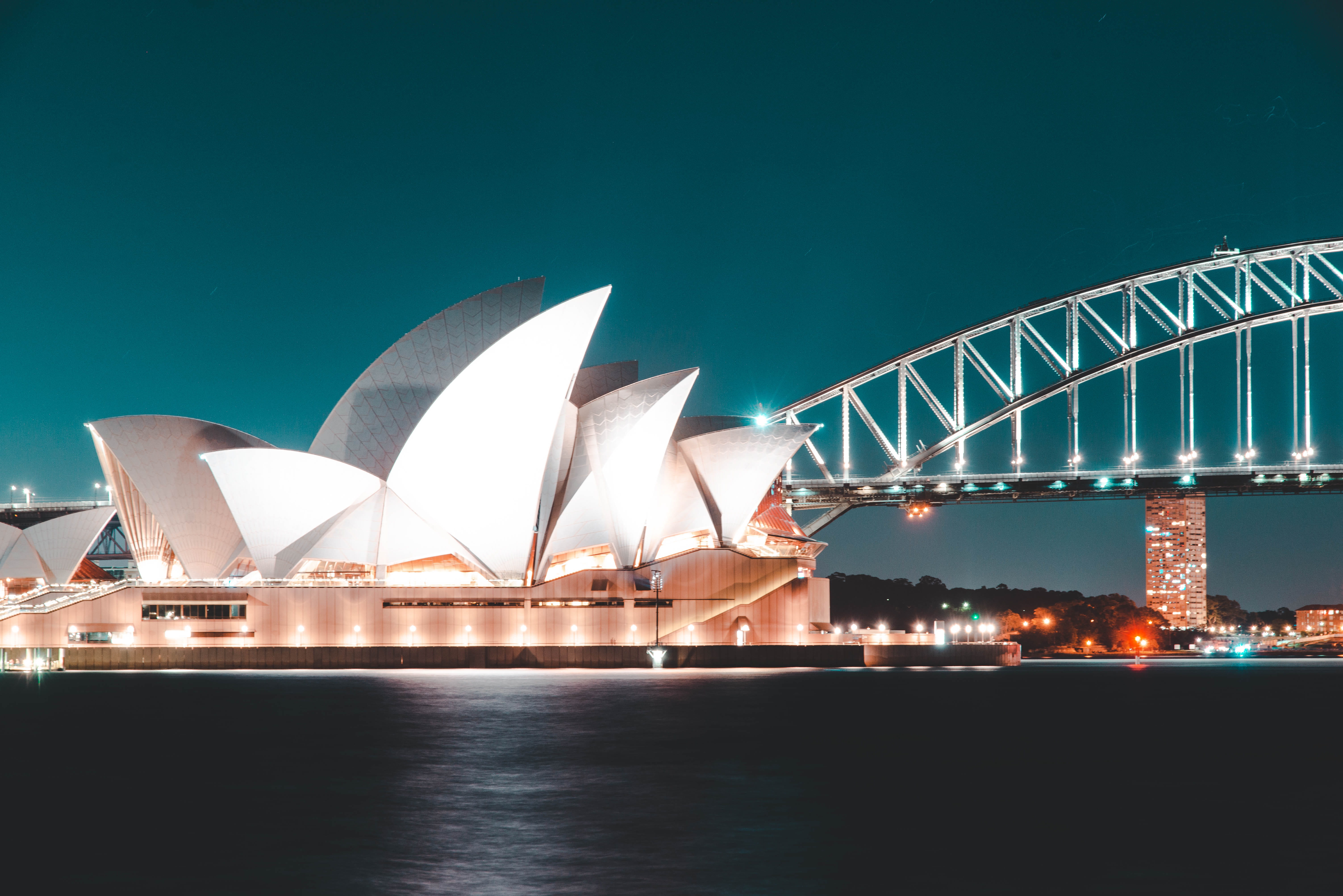 sydney opera house, architecture, bridge - man made structure, night, illuminated, building exterior, built structure, sky, city, water, opera, travel destinations, HD Wallpaper