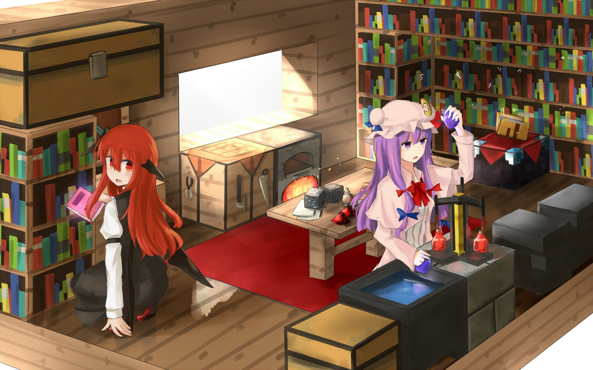 Long Hair, Touhou, 1080P, Red Eyes, Minecraft, Red Hair, Hat, Patchouli Knowledge, Anime, Video Game, Purple Hair, Book, Koakuma (Touhou), HD Wallpaper
