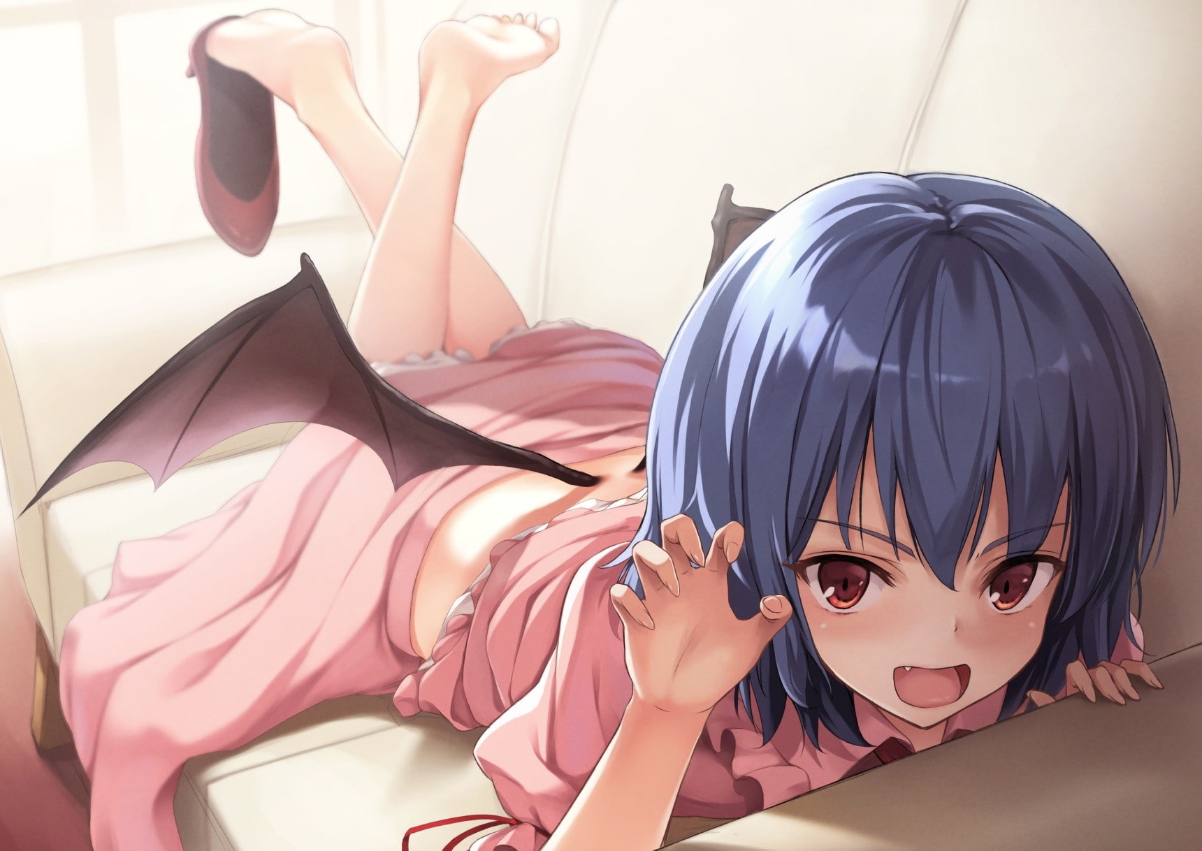 Remilia Scarlet, Touhou, red eyes, blue hair, blushing, wings, 720P, barefoot, HD Wallpaper