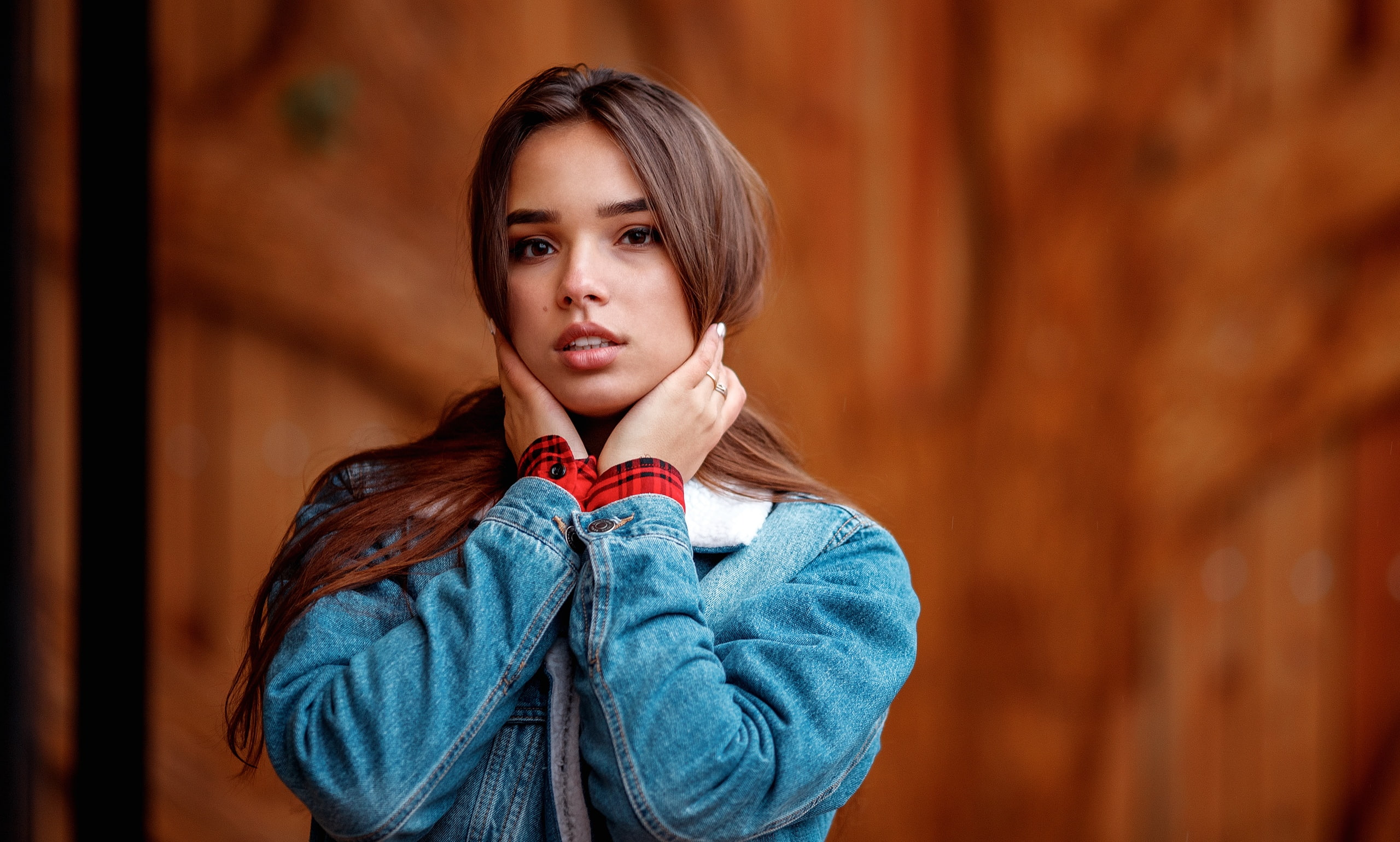 brown eyes, brunette, jeans jacket, women, open mouth, long hair, 2K, portrait, denim, HD Wallpaper