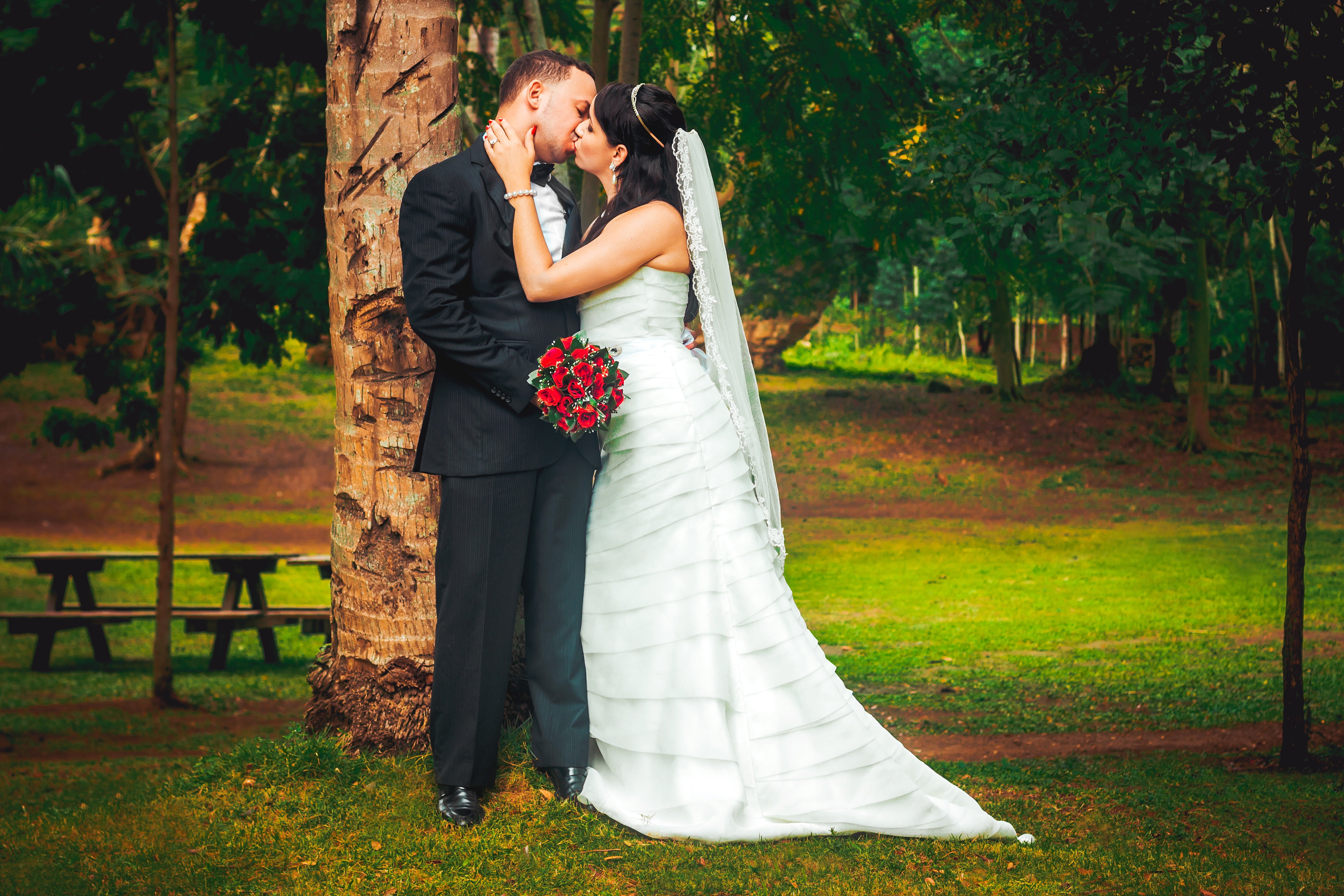 white, romance, wedding dress, full length, wedding, church, park, life events, romantico, complicity, bridegroom, husband, event, plant, sea, women, flowers, HD Wallpaper