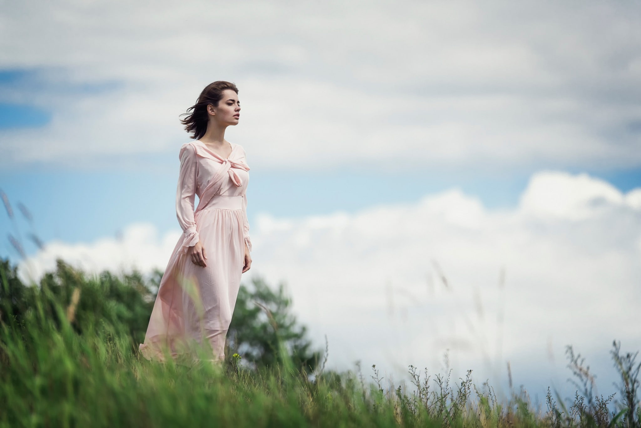 women, 2048x1367, dress, sleeve, long, woman, 1080P, pink, outdoors, s, formal, nature, HD Wallpaper