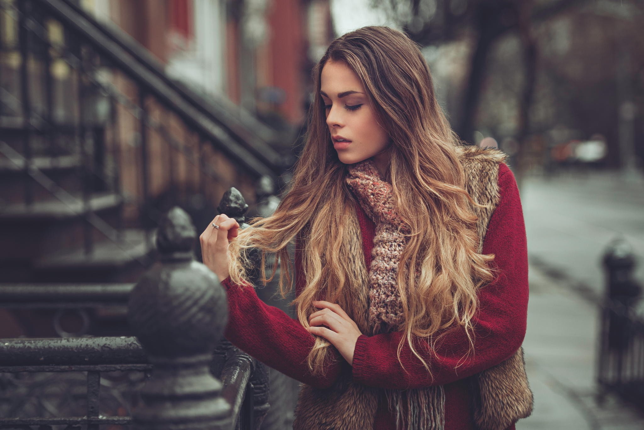 2048x1367, 1080P, outdoors, women, sweater, model, blonde, scarf, HD Wallpaper