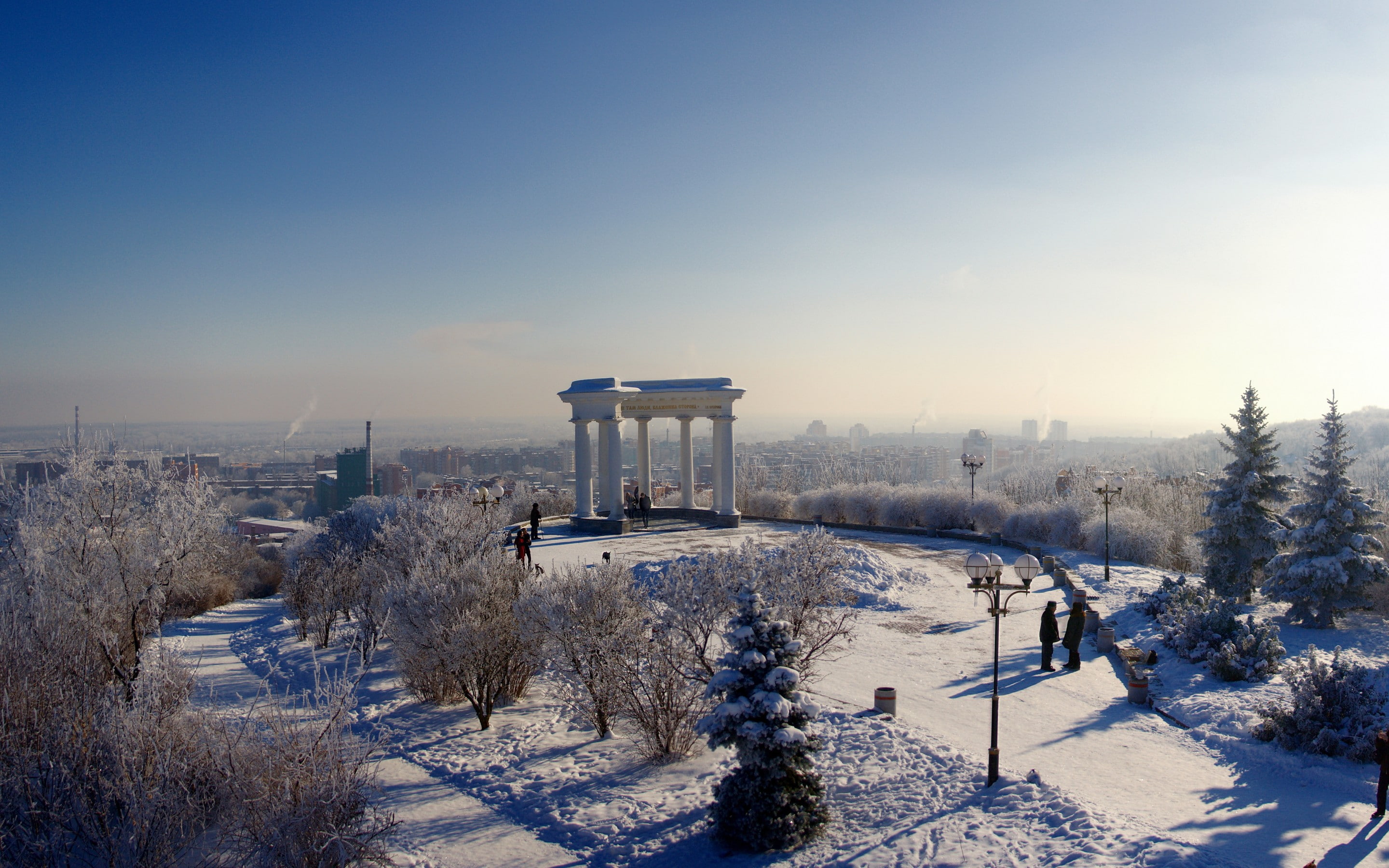 lantern, people, horizon, tree, spruce, snow, city, altanka, frost, hem, sky, gazebo, 2K, trees, Poltava, winter, architecture, HD Wallpaper