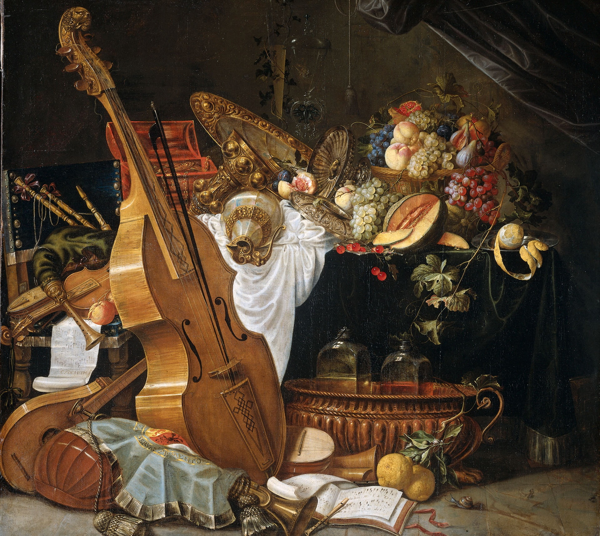 fruit, musical instruments, Cornelis de hem, picture, 1080P, Still life, HD Wallpaper