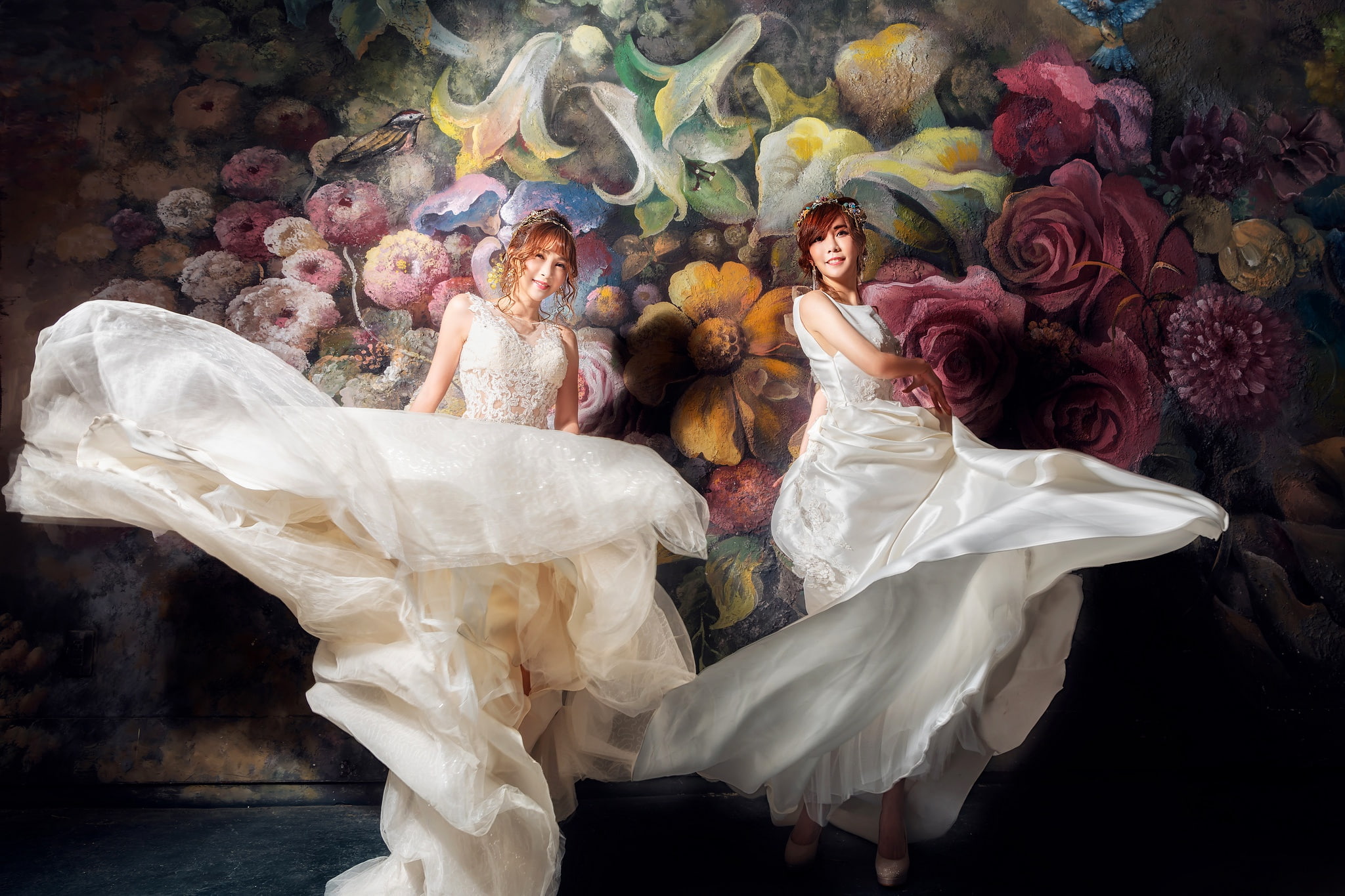 movement, the dark background, dance, flying, 1080P, fun, painting, background, white, Duo, bride, wall, dresses, two, smile, hem, girls, flowers, Asian girls, HD Wallpaper