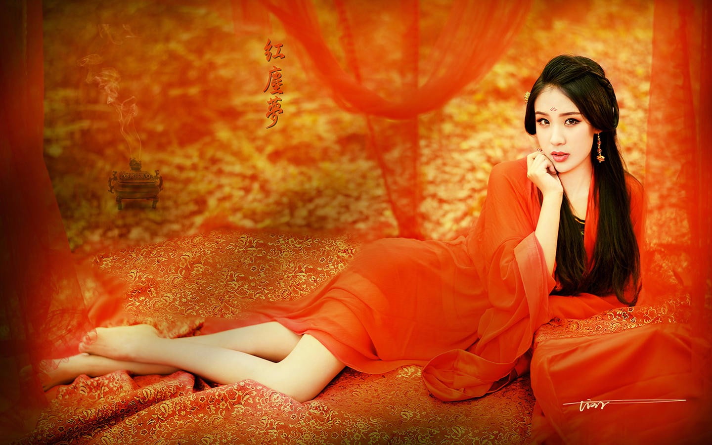Chinese dress, red dress, 720P, hanfu, long hair, Asian, HD Wallpaper