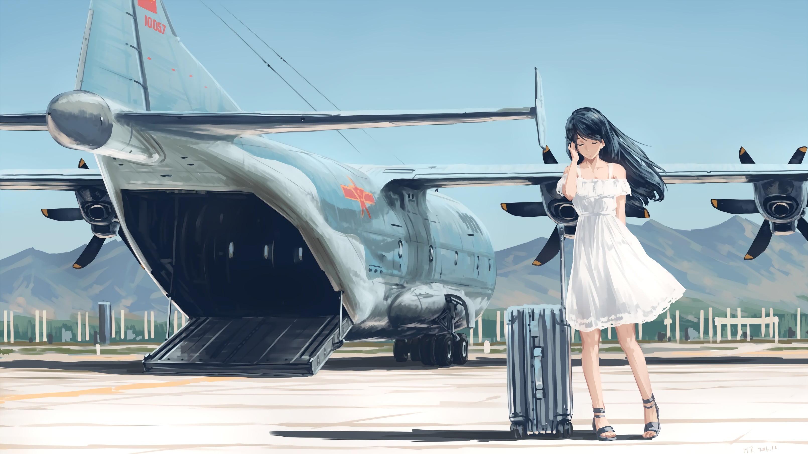 2K, lifestyles, hairstyle, black hair, private airplane, women, day, sunlight, anime, adult, air vehicle, airport, real people, full length, aircraft, HD Wallpaper