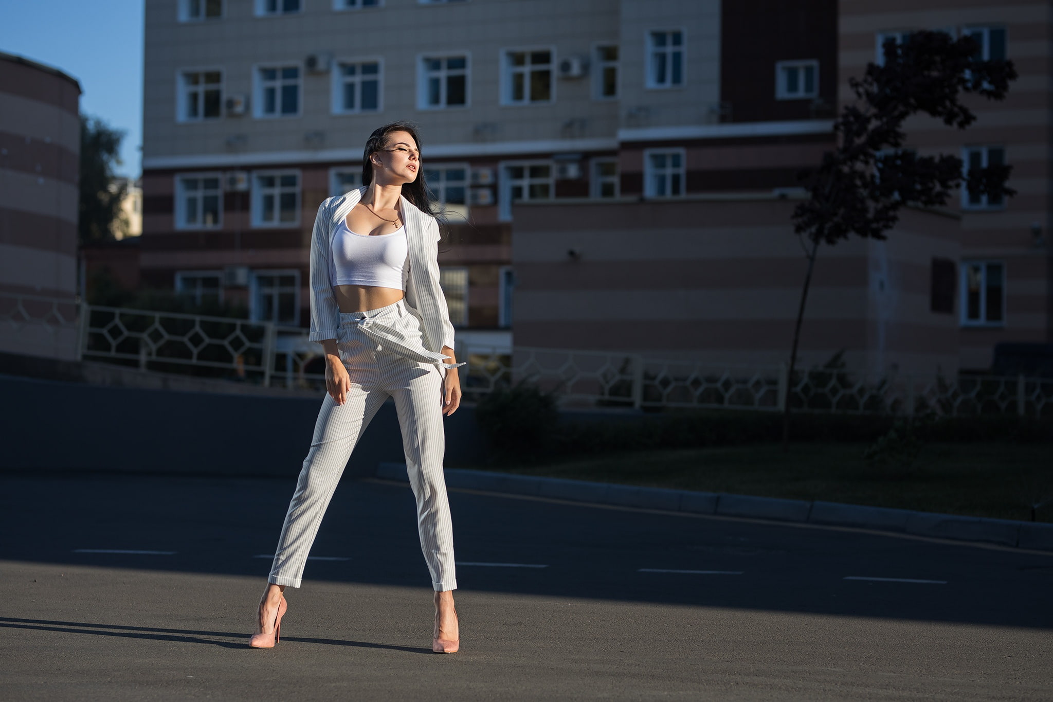 closed eyes, Dmitry Sn, high heels, full length, outdoors, 1080P, built structure, women outdoors, sunlight, young women, architecture, model, building exterior, HD Wallpaper