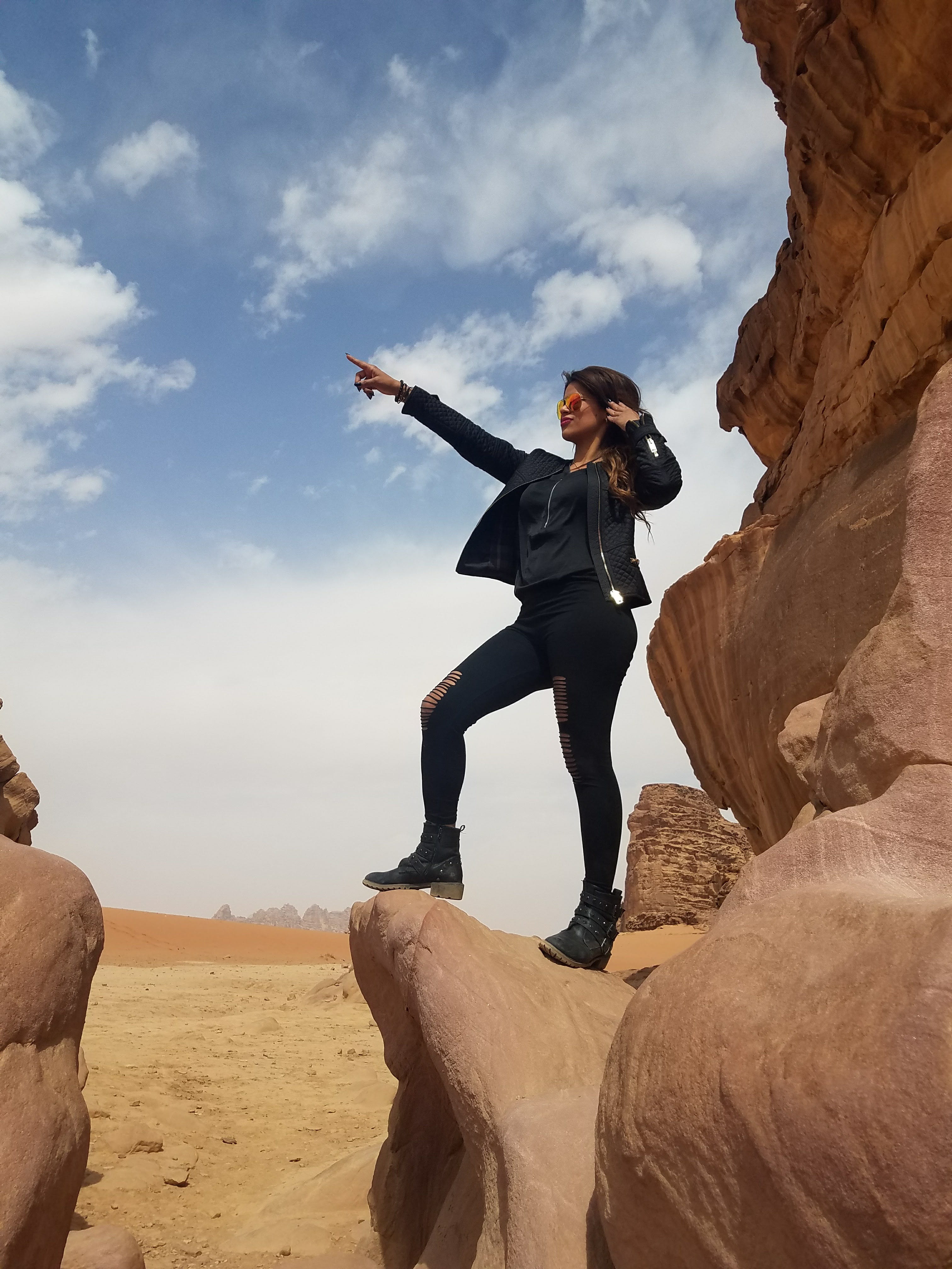 nature, lifestyles, adventure, girl, sky, leisure activity, pose, posture, rock, cloud - sky, leisure, formation, eyewear, beauty in nature, clouds, style, Phone HD Wallpaper