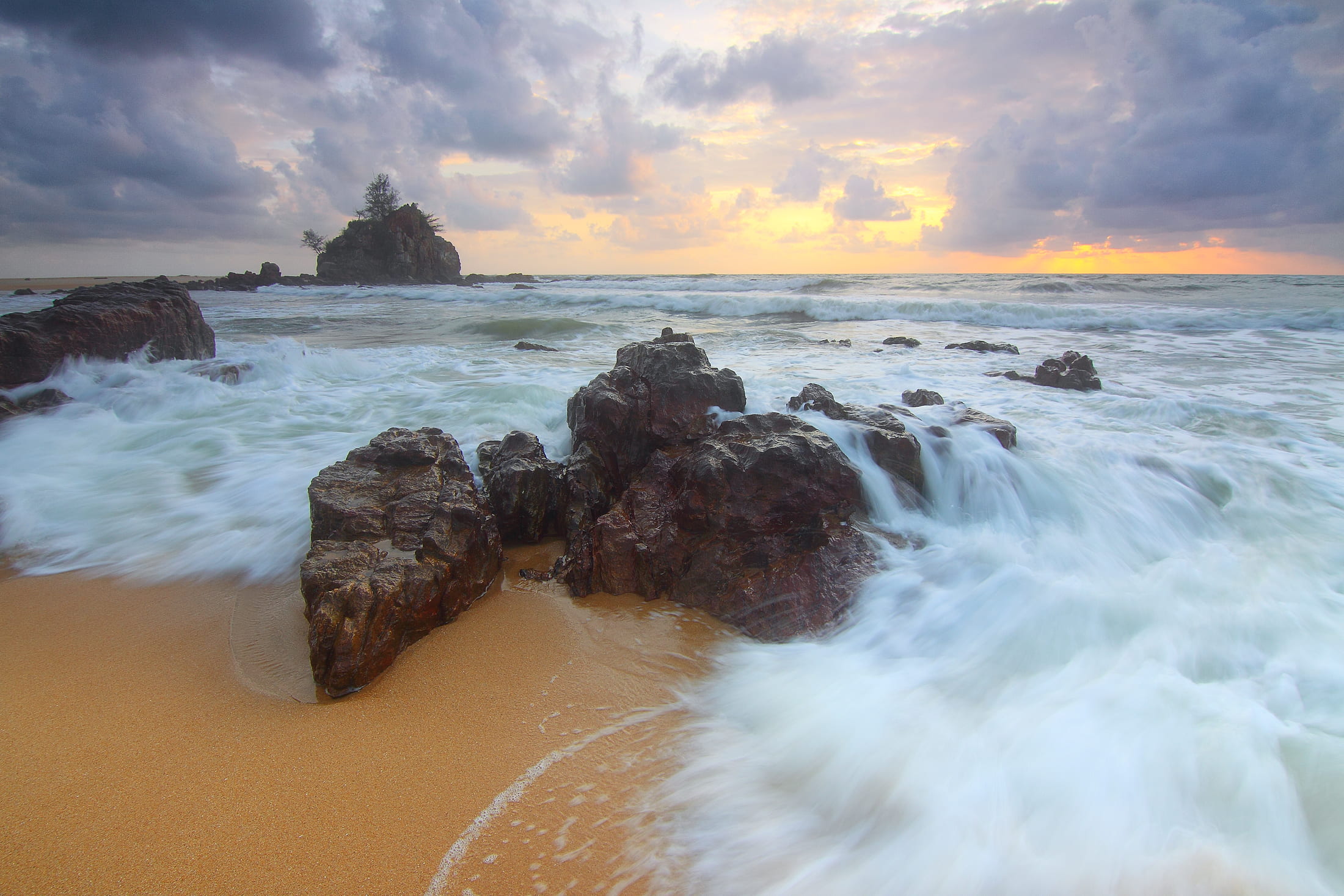 sky, rocks, seashore, coast, cloud - sky, clouds, wave, ocean, water splash, beach, rock, motion blur, beauty in nature, rockyscape, water, horizon, waves, HD Wallpaper