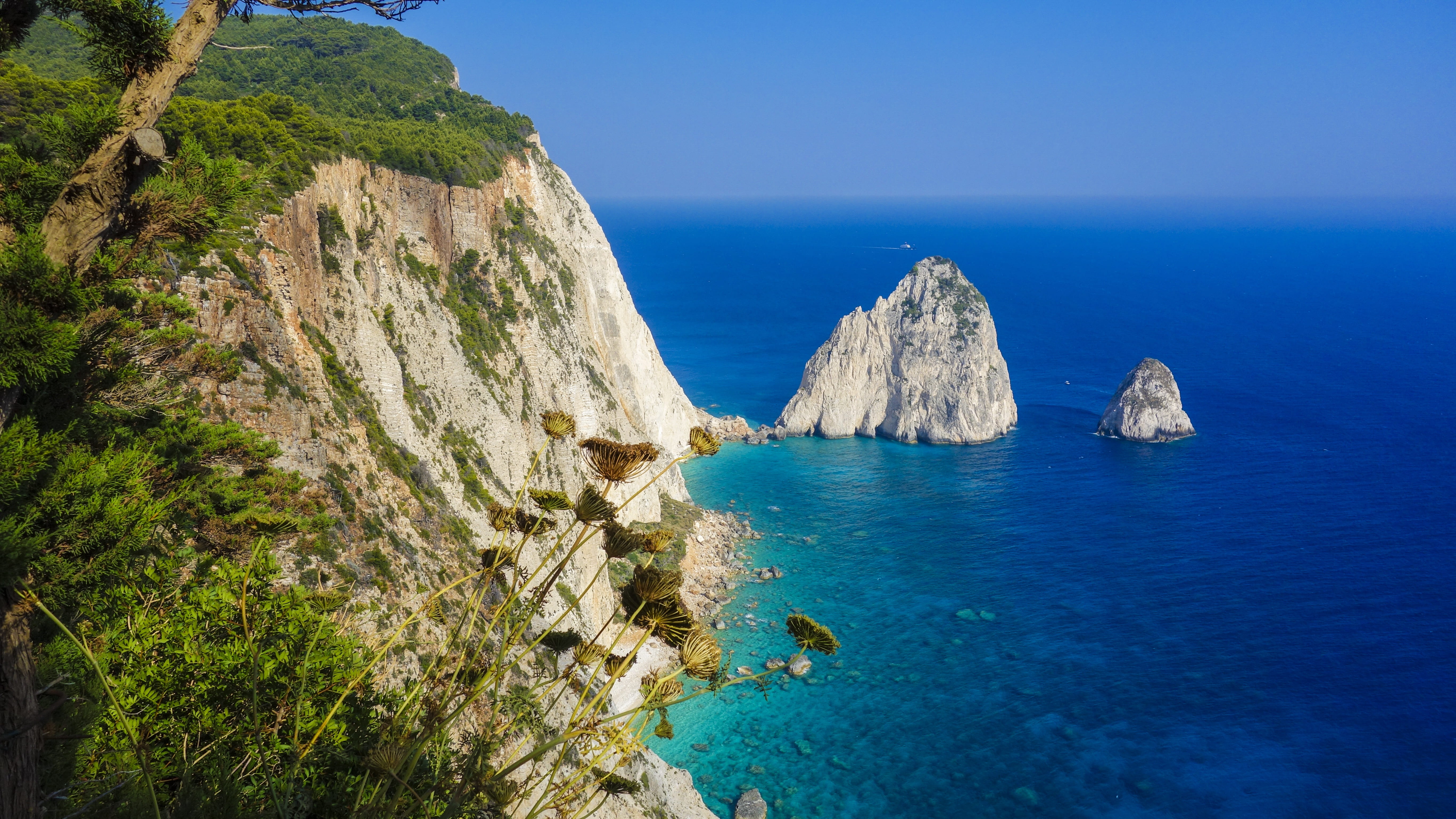 blue, stack rock, sea, nature, scenic, beauty in nature, solid, 5K, no people, plants, horizon over water, sky, rock, flora, coast, seashore, rock - object, HD Wallpaper