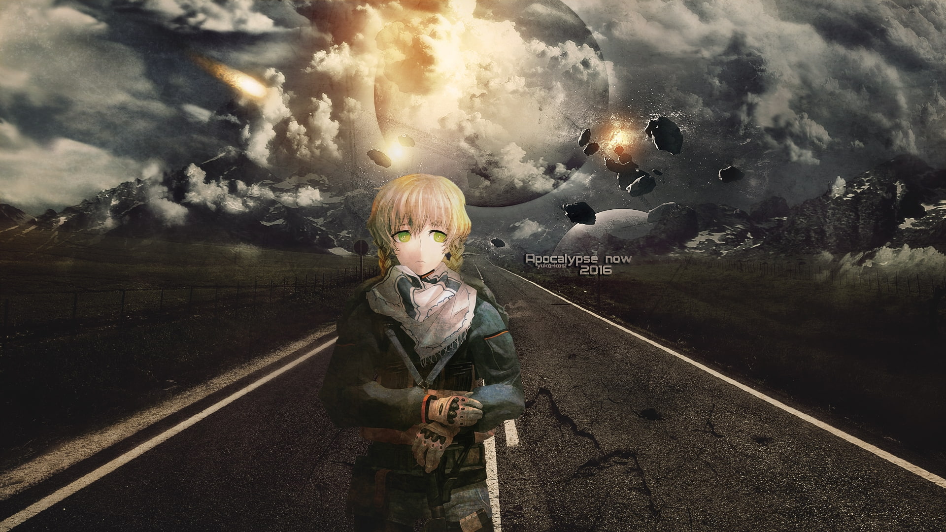 1080P, transportation, Anime, child, innocence, standing, lifestyles, one person, steins gate, outdoors, leisure activity, apocalypse, nature, road, cloud - sky, HD Wallpaper