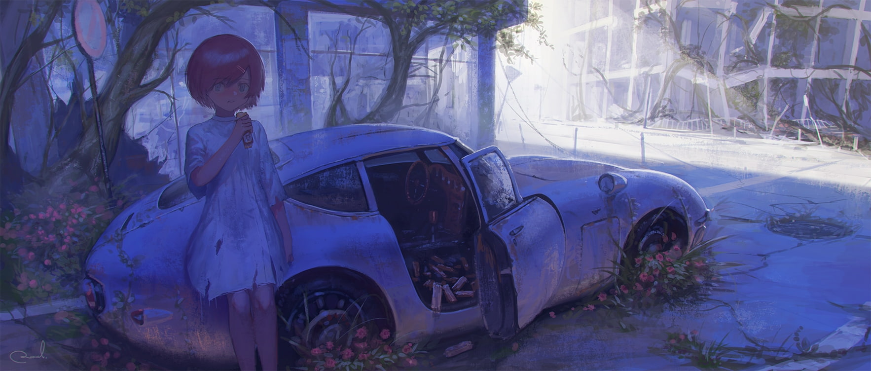 motor vehicle, car, cold temperature, apocalypse, land vehicle, plant, Anime, nature, transportation, outdoors, no people, anime girl, travel, winter, stationary, HD Wallpaper