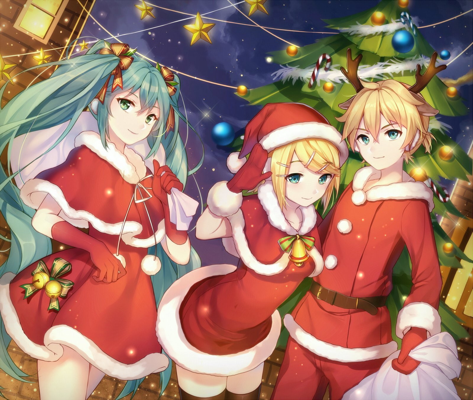 Blonde, miku, Santa, twintails, hat, ears, Qingshui, animal, Short, hatsune, Thighhighs, Long, Green Eyes, christmas, Ai, 720P, vocaloid, Male, hair, Aqua, HD Wallpaper